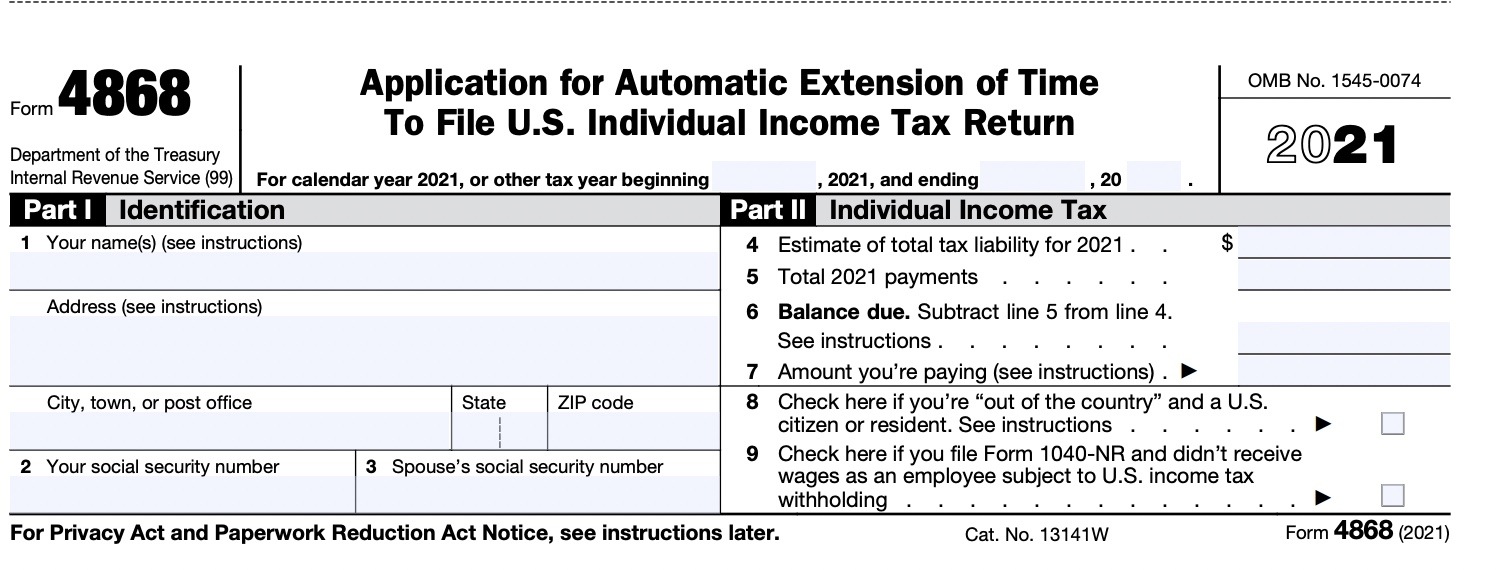 Printable Form 4868 Extension Form