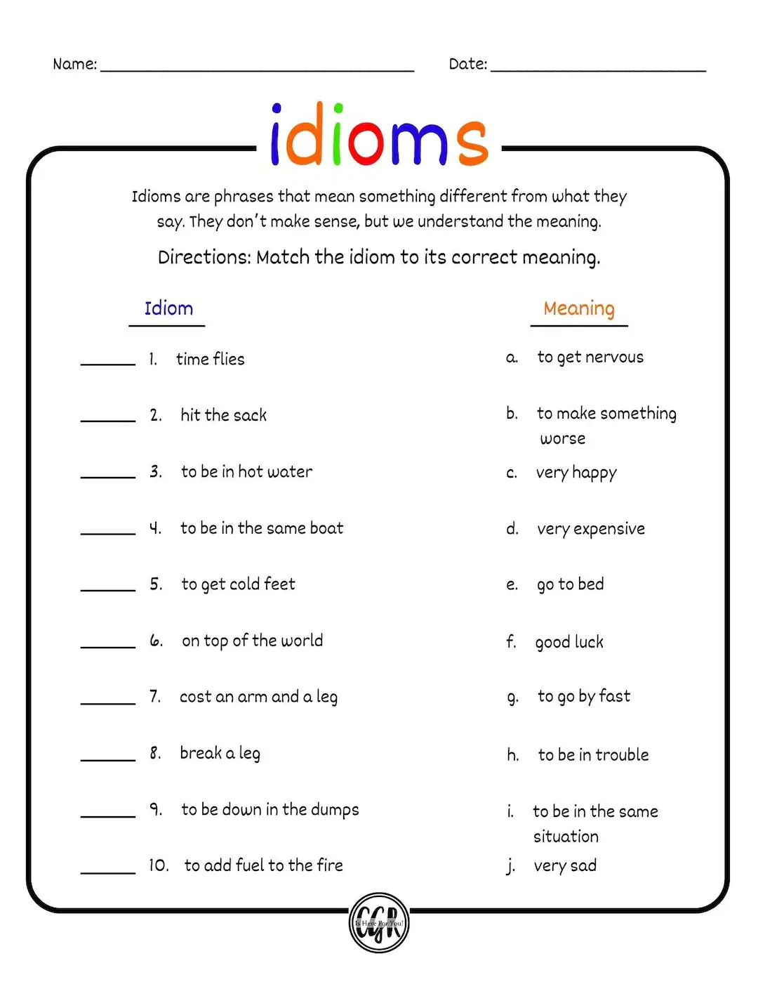 Free Printable Idioms Worksheets