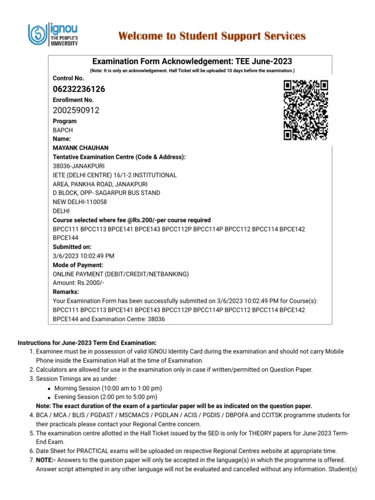 IGNOU Examination Form Acknowledgement PDF