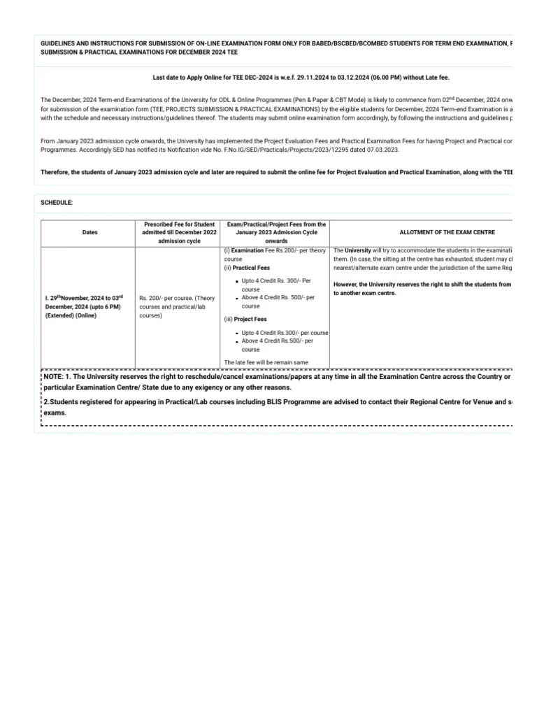 IGNOU Examination Form PDF Fee