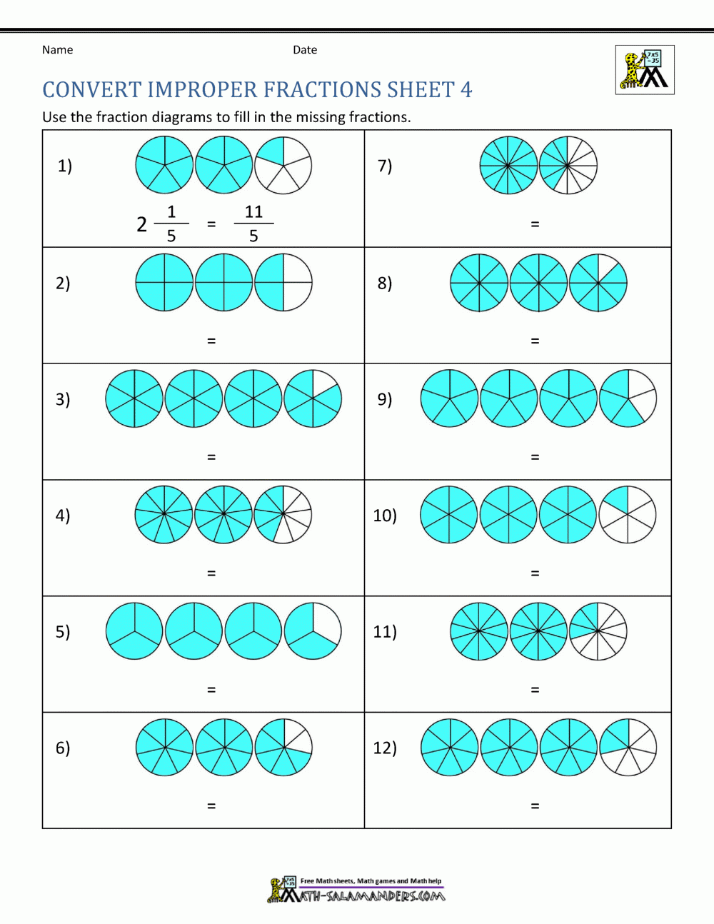 Free Printable Mixed Fraction Worksheets