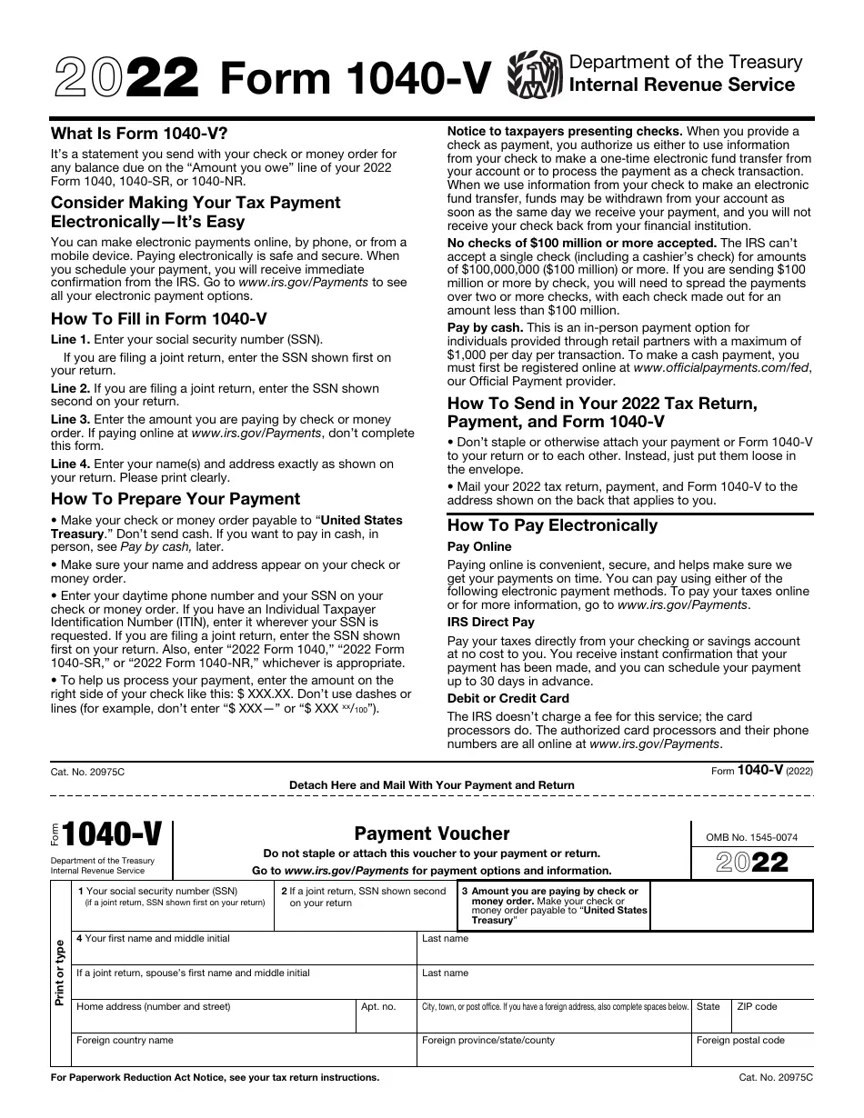 Irs Form 1040 V 2024 Printable Pdf Download