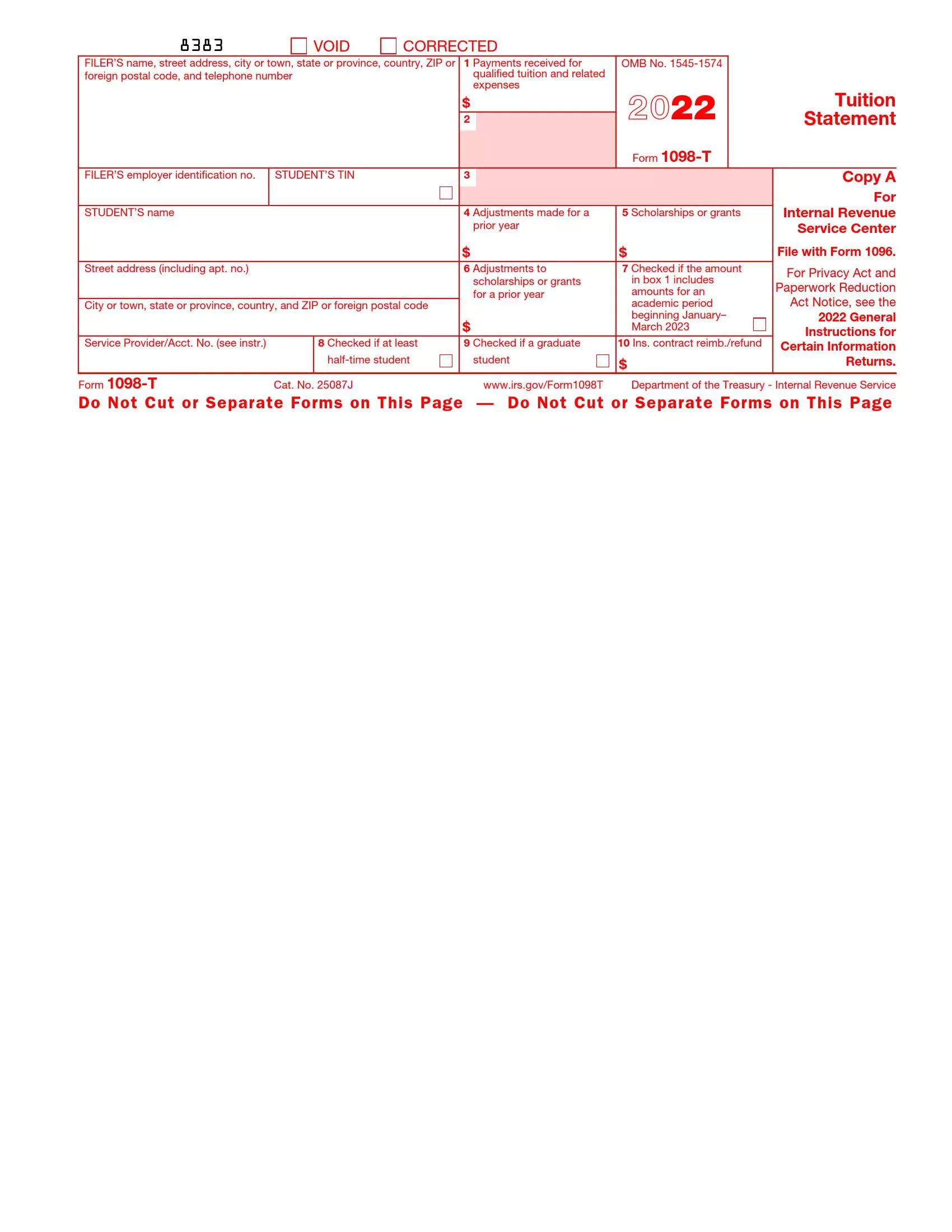 IRS Form 1098 T Fill Out Printable PDF Forms Online