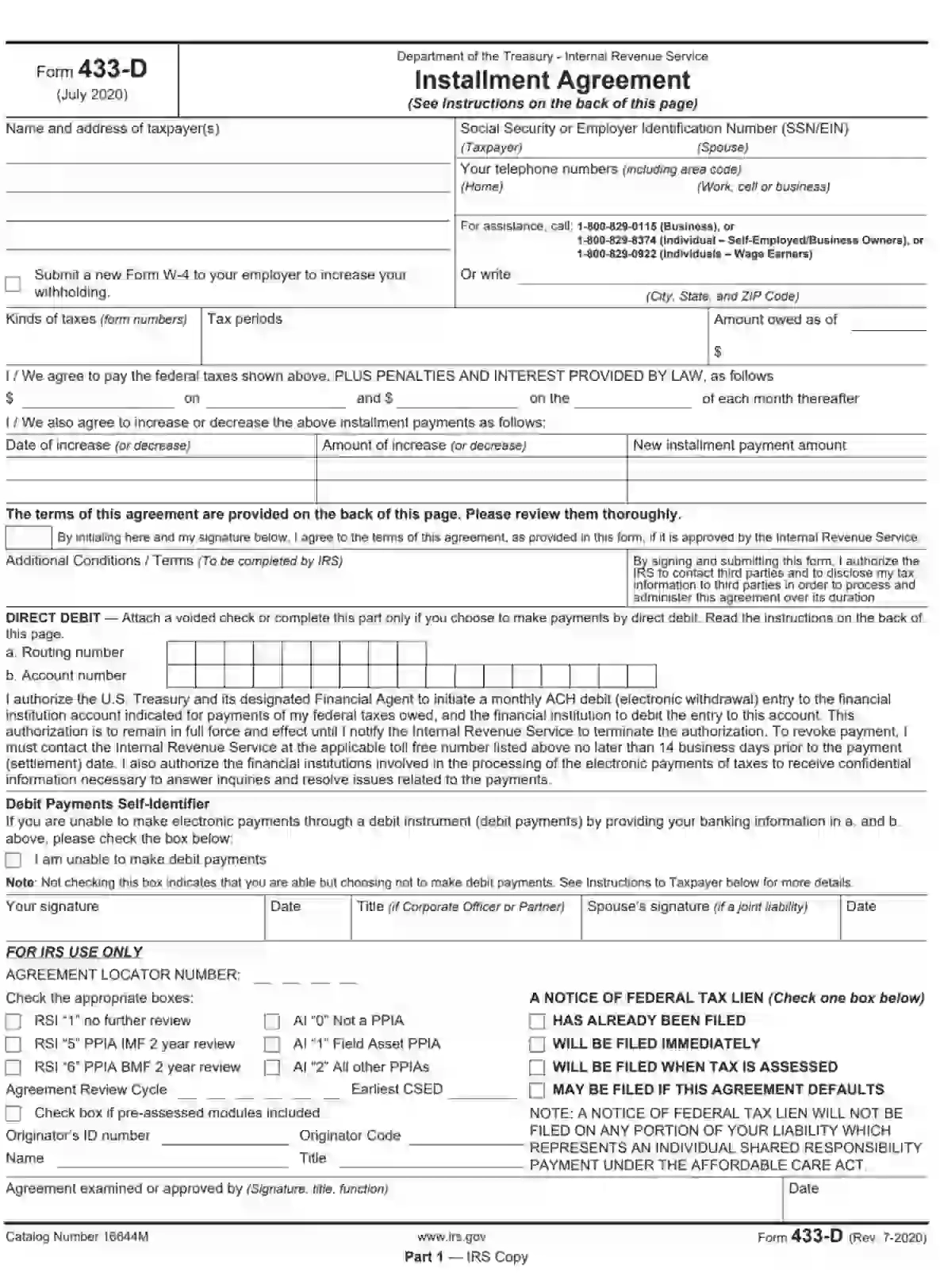 Where To Fax Form 433-D To Irs