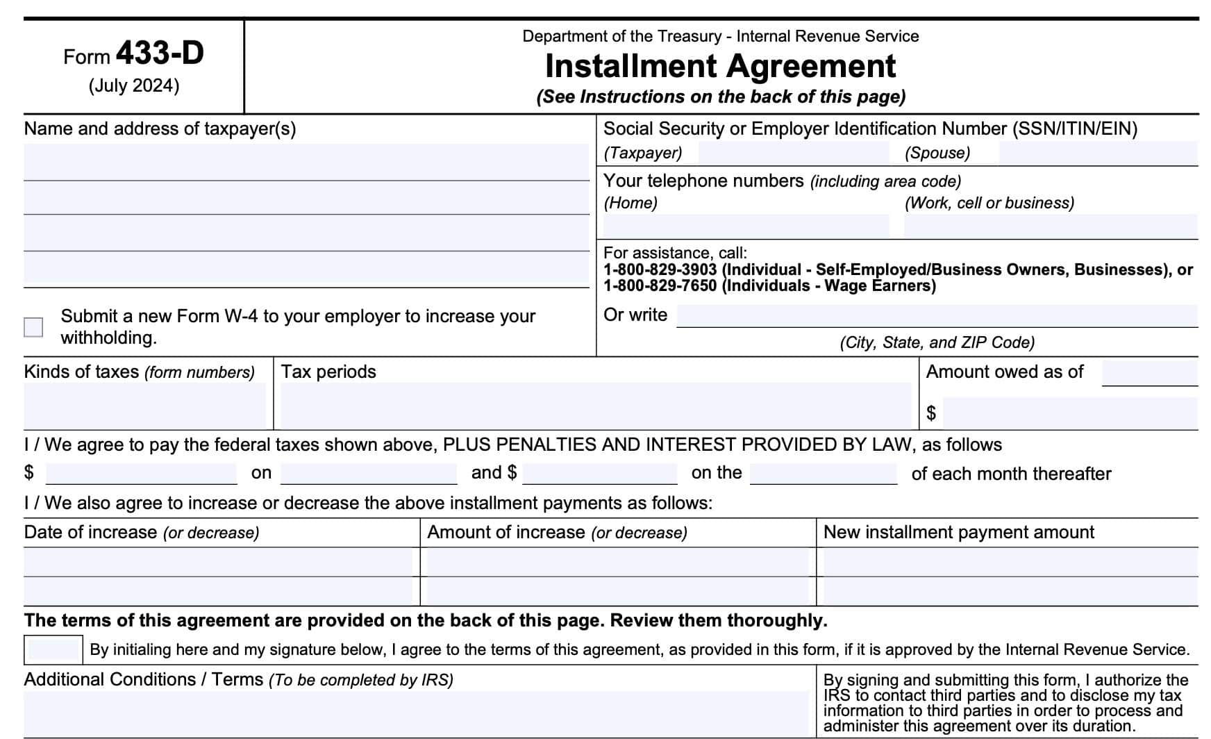 IRS Form 433 D Instructions Setting Up An Installment Agreement