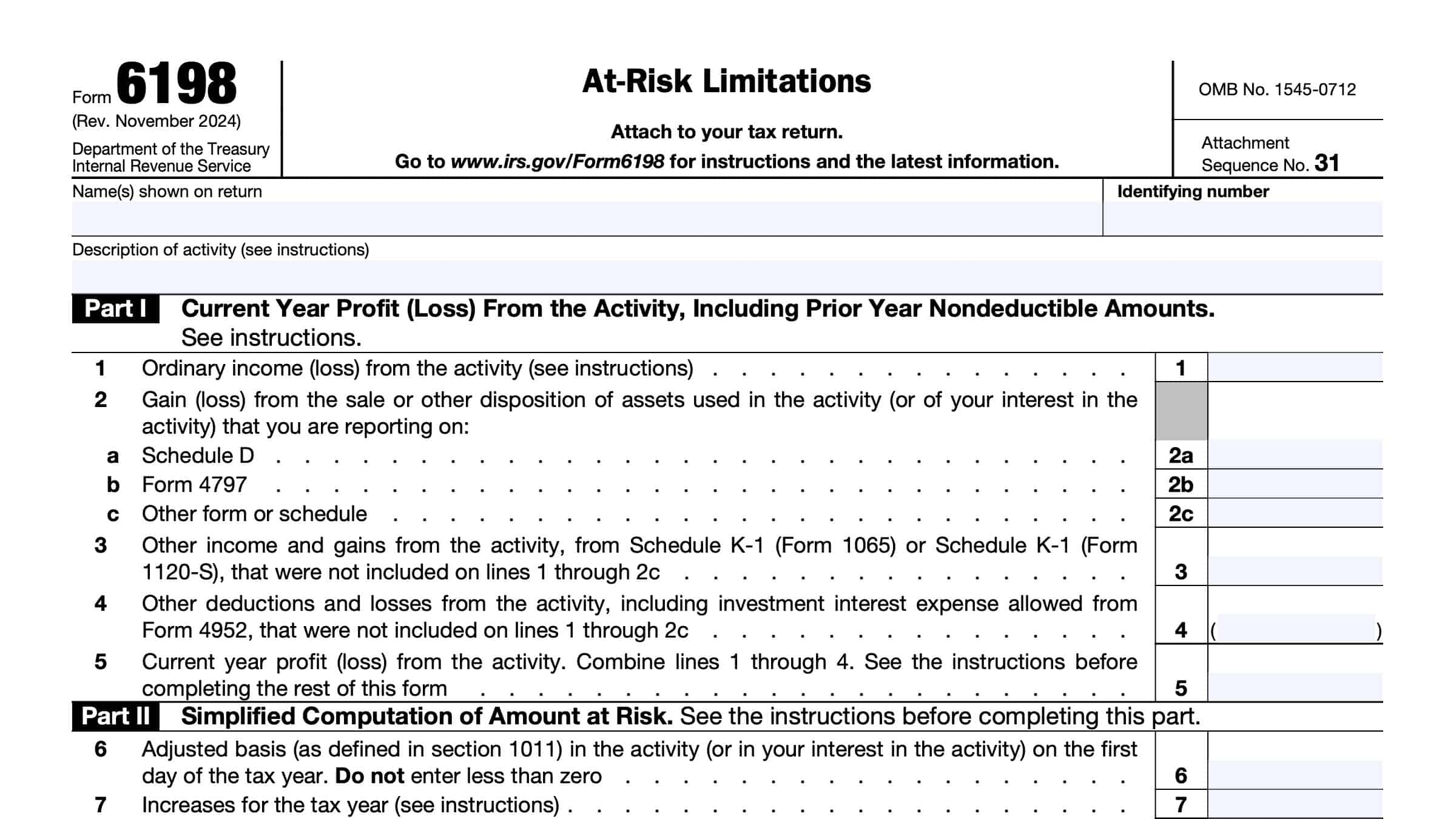 IRS Form 6198 Instructions At Risk Limitations