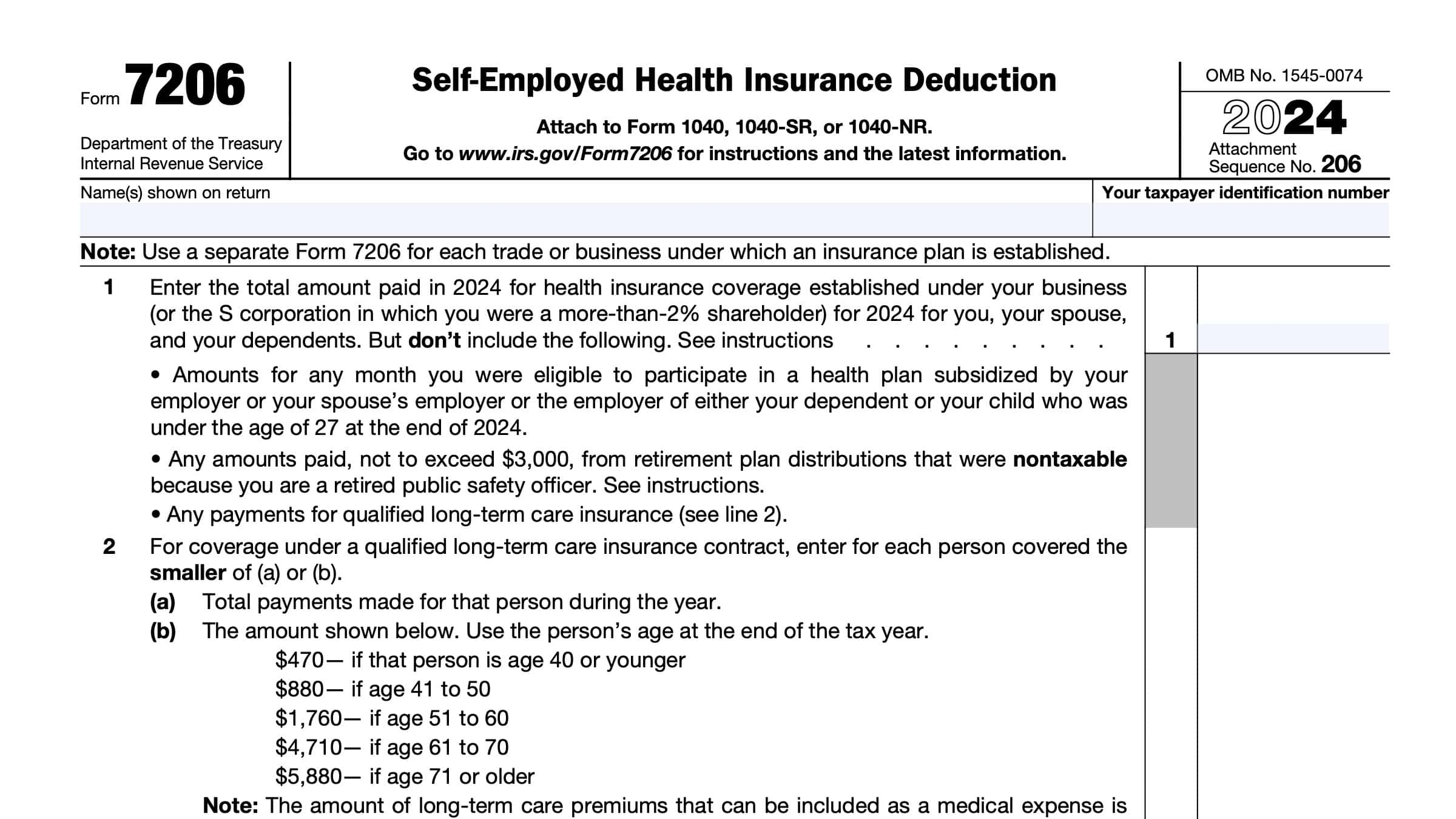 IRS Form 7206 Instructions Self Employed Health Insurance