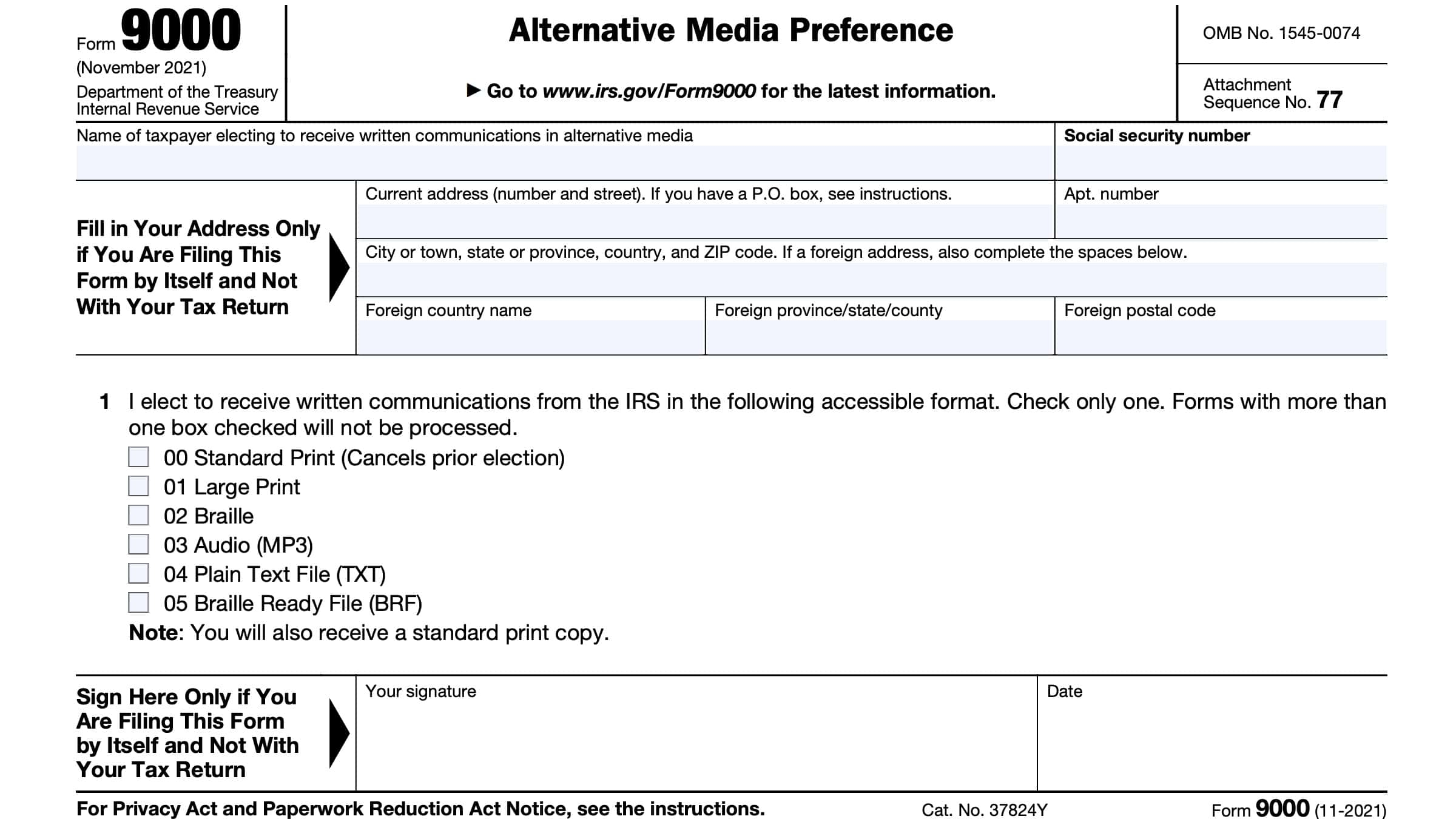 IRS Form 9000 Instructions Alternative Media Preference