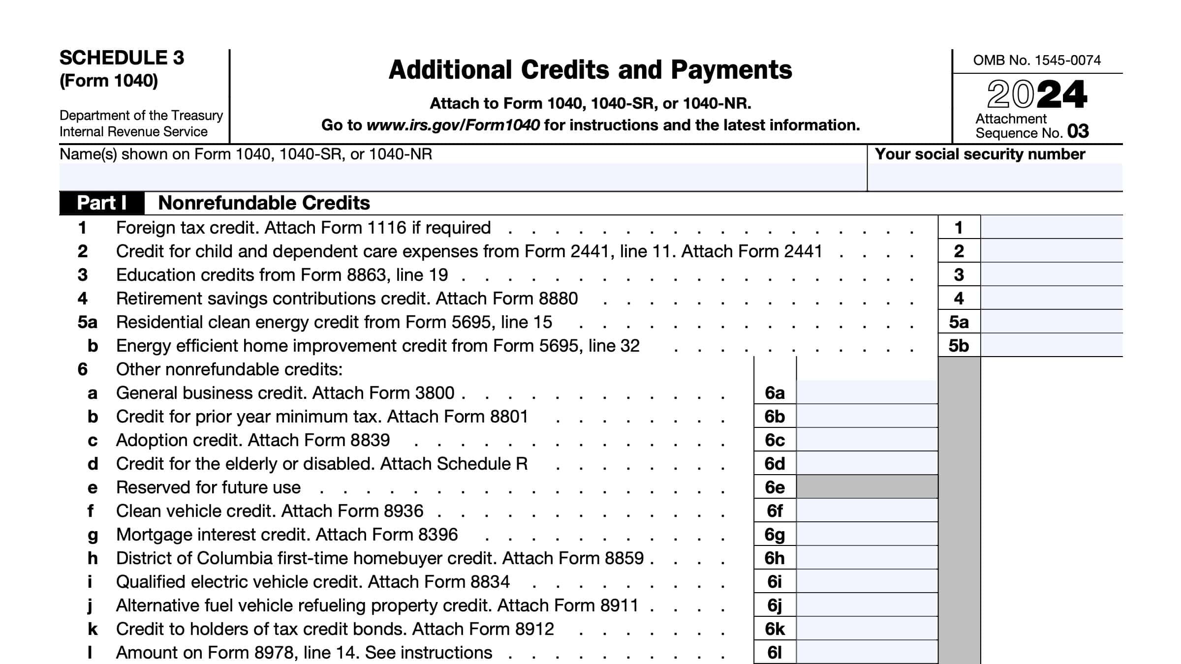 IRS Schedule 3 Instructions Additional Credits amp Payments