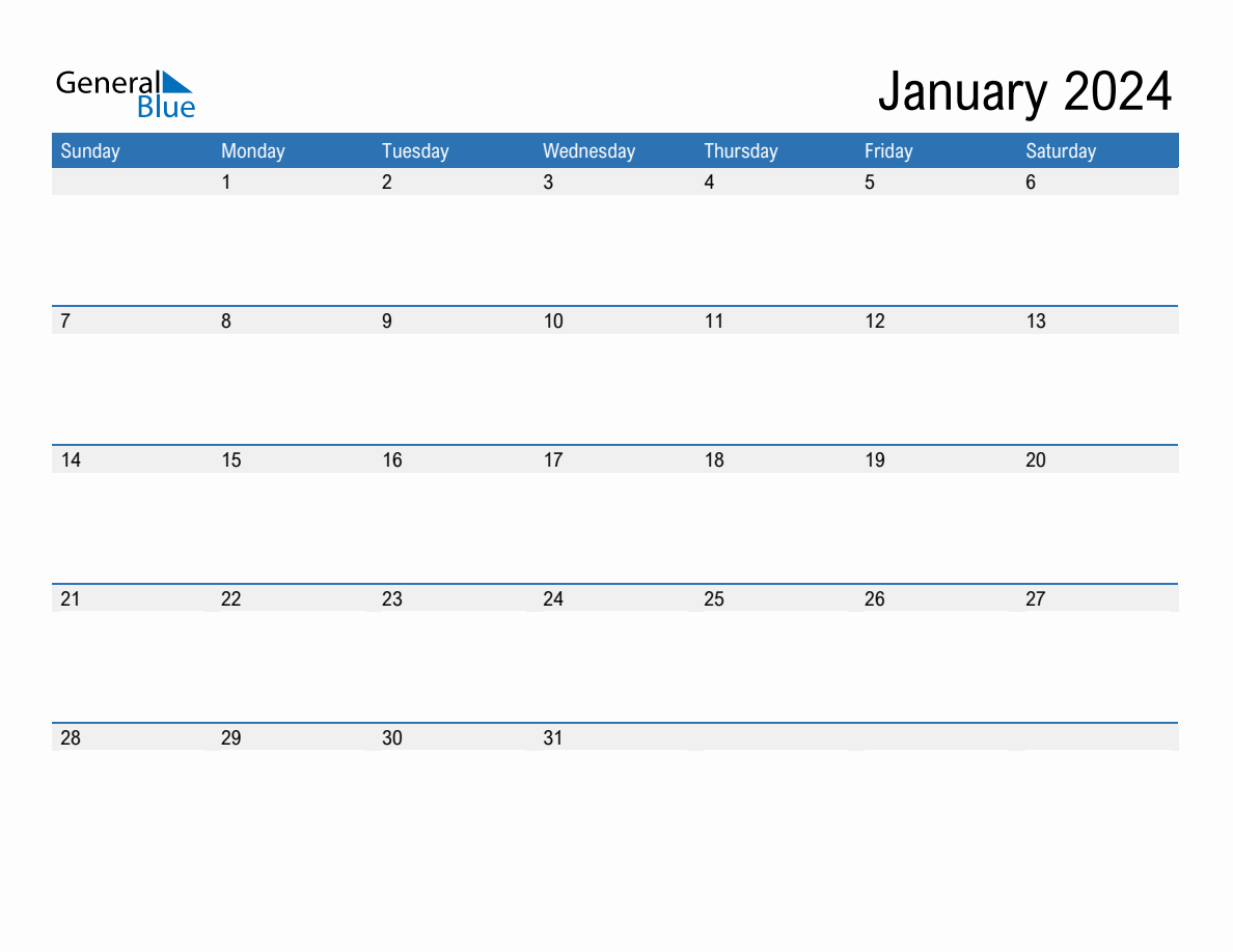 January 2024 Monthly Calendar PDF Word Excel 