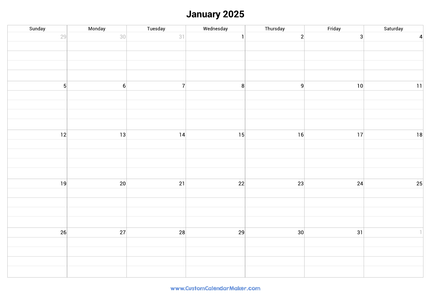 Blank Calendar 2025 With Lines Printable Free