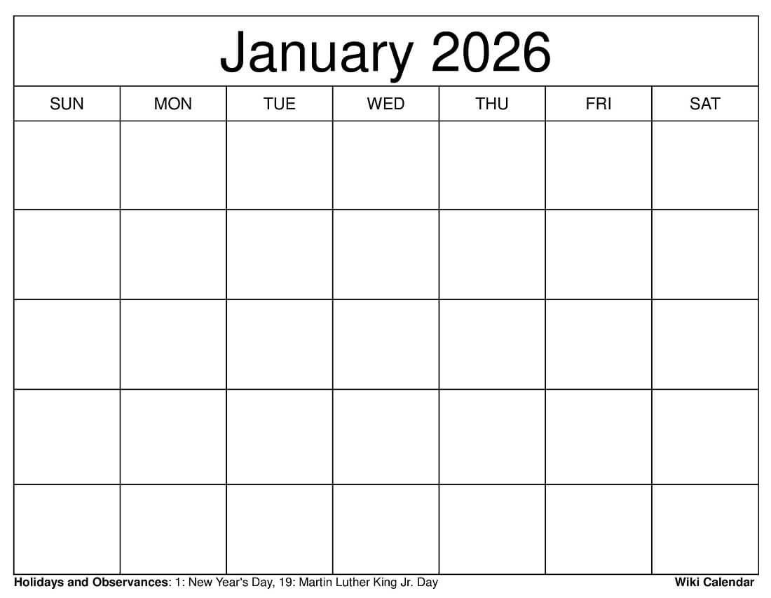 January 2026 Calendar Free Printable