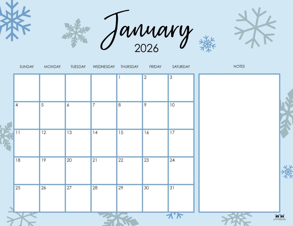 January 2026 Calendars 123 FREE Printables Printabulls