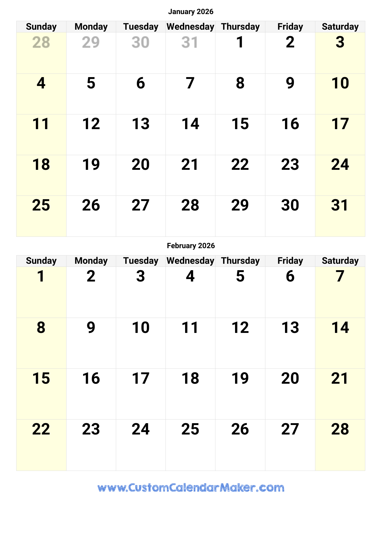 Blank Jan And Feb 2026 Calendar