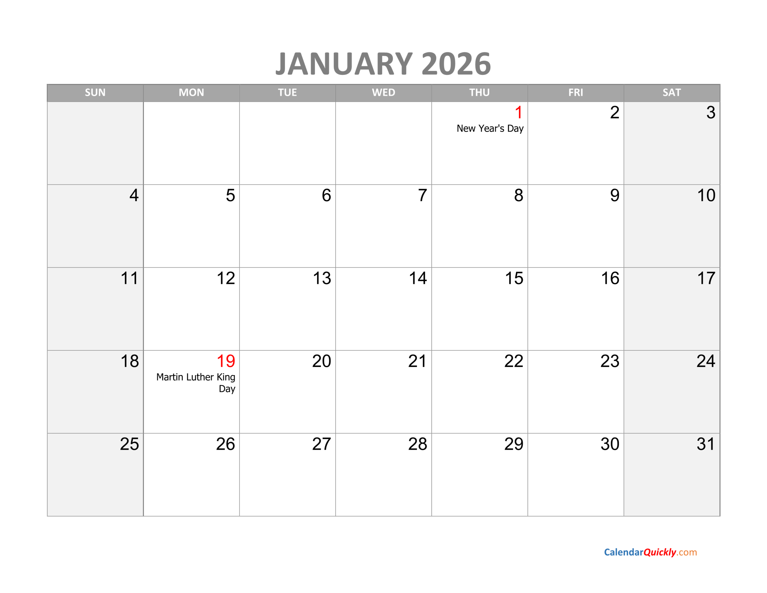 January Calendar 2026 With Holidays Calendar Quickly