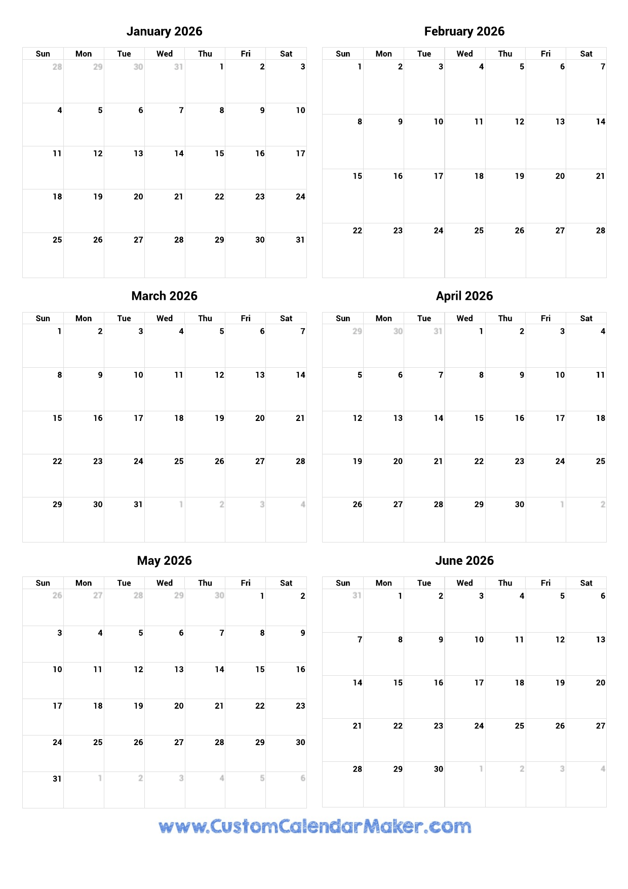 6 Month Printable Calendar 2026