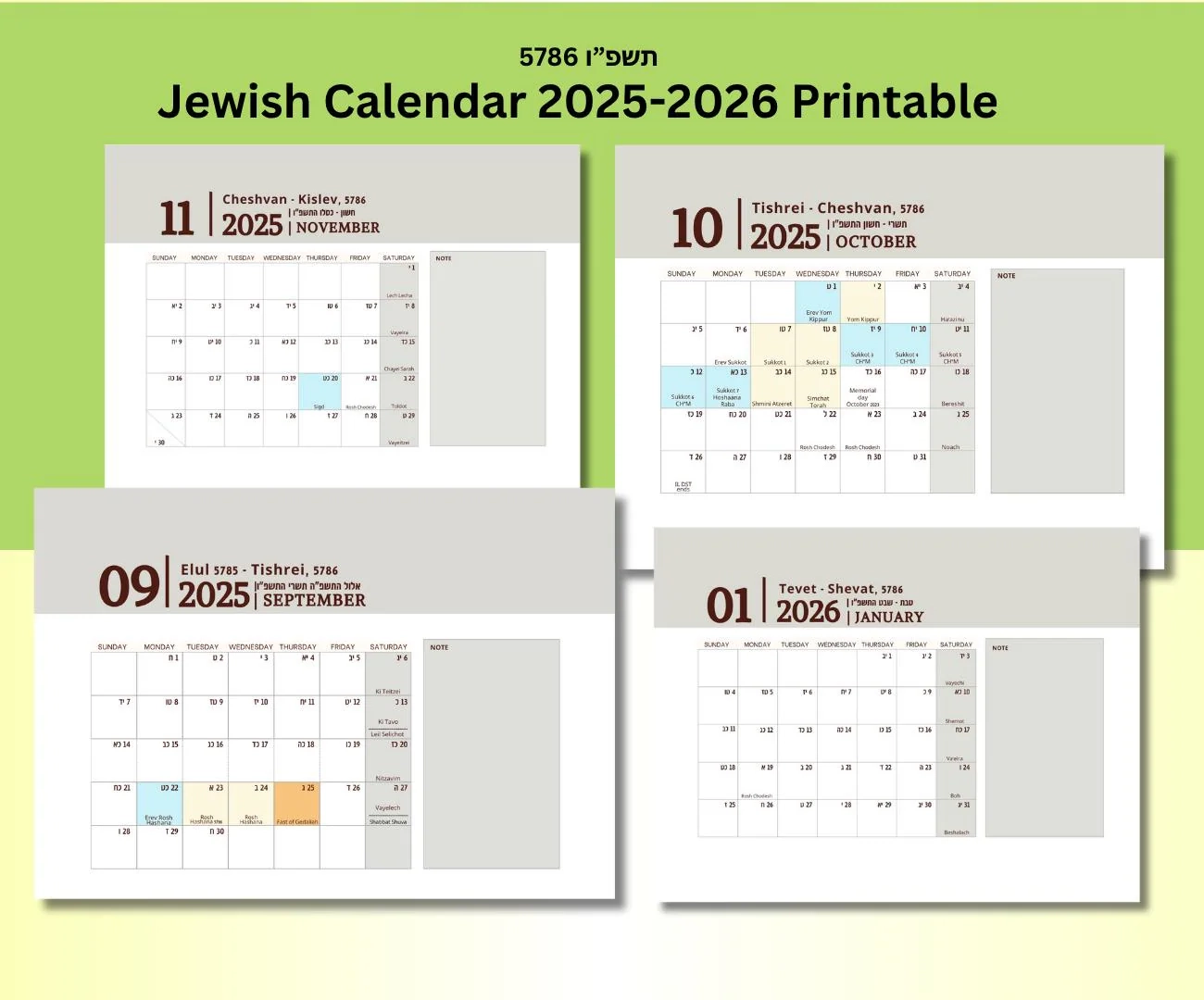 Jewish Calendar 2025 2026 Printable Editable Canva Template 