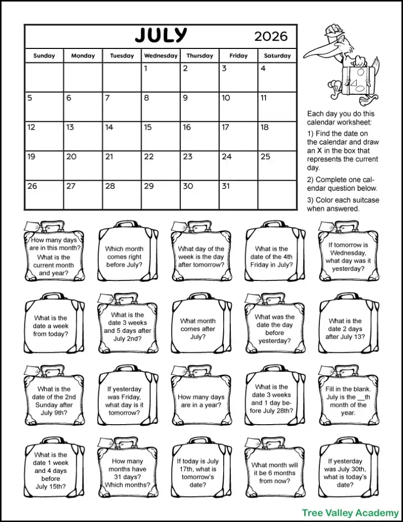 July 2026 Calendar amp Worksheets Tree Valley Academy