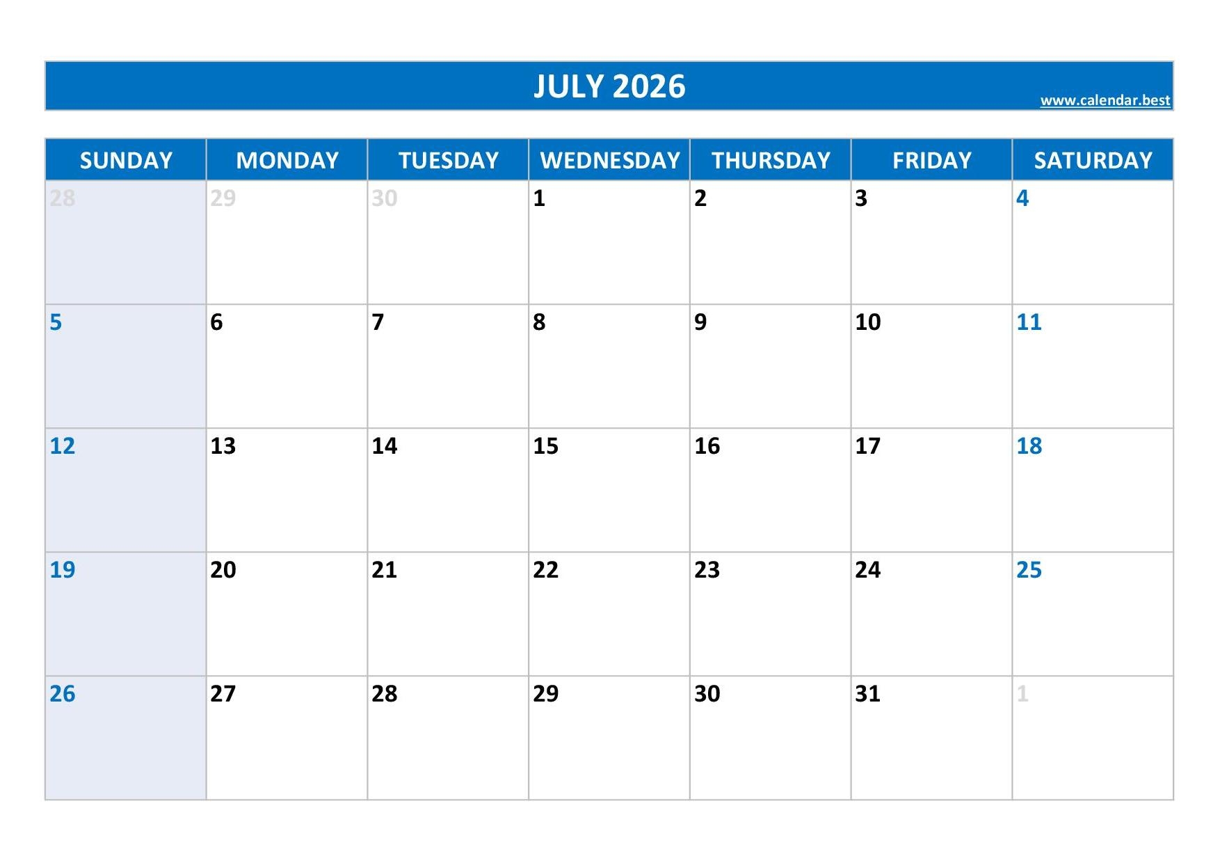 Blank July Calendar 2026 Printable