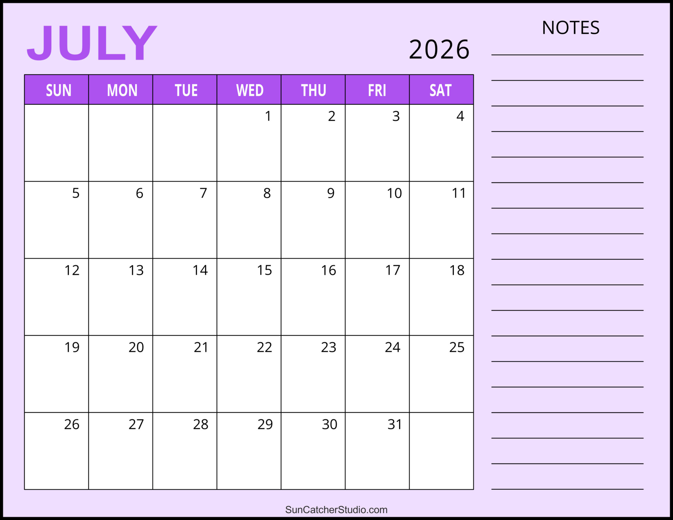 Printable Blank July Calendar 2026