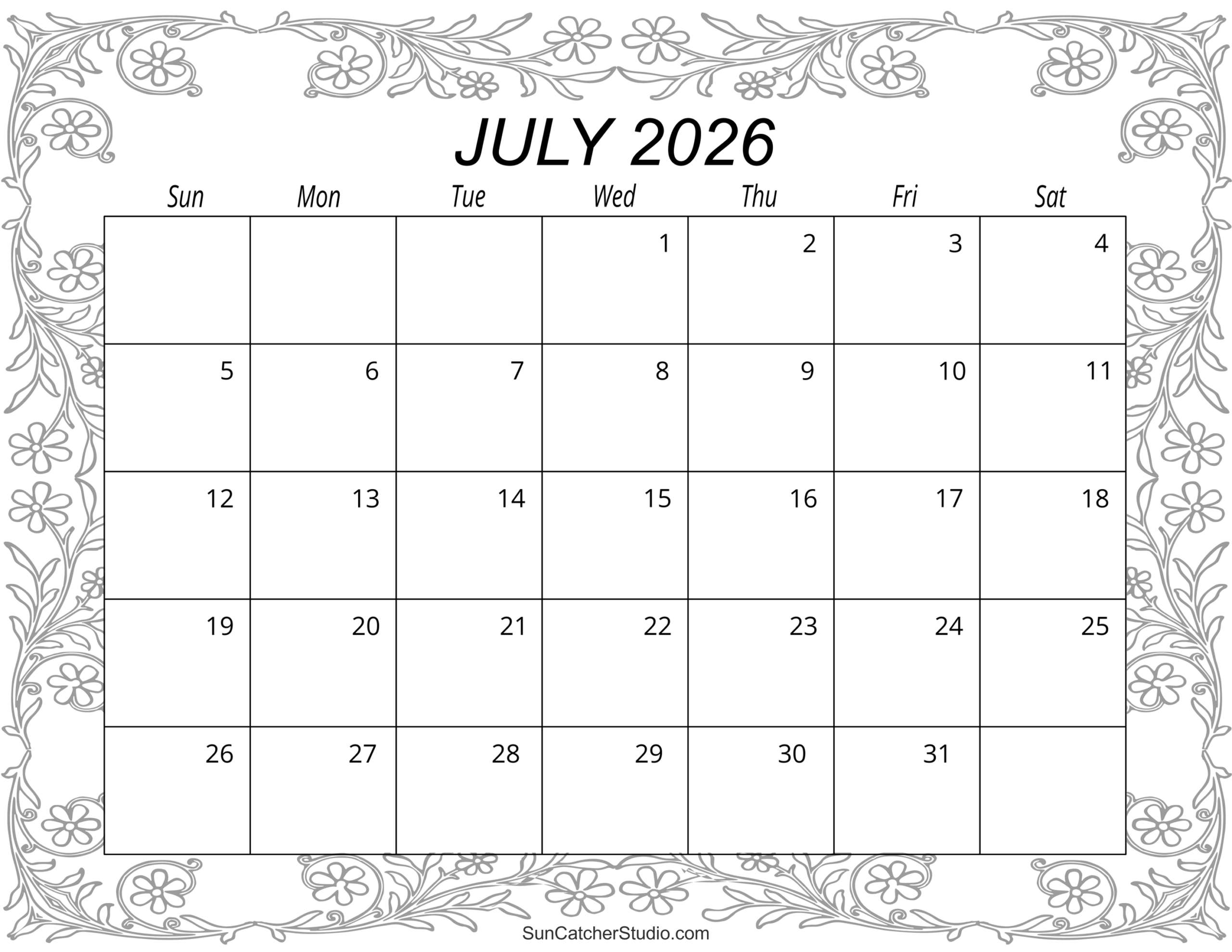 Blank July 2026 Calendar Printable
