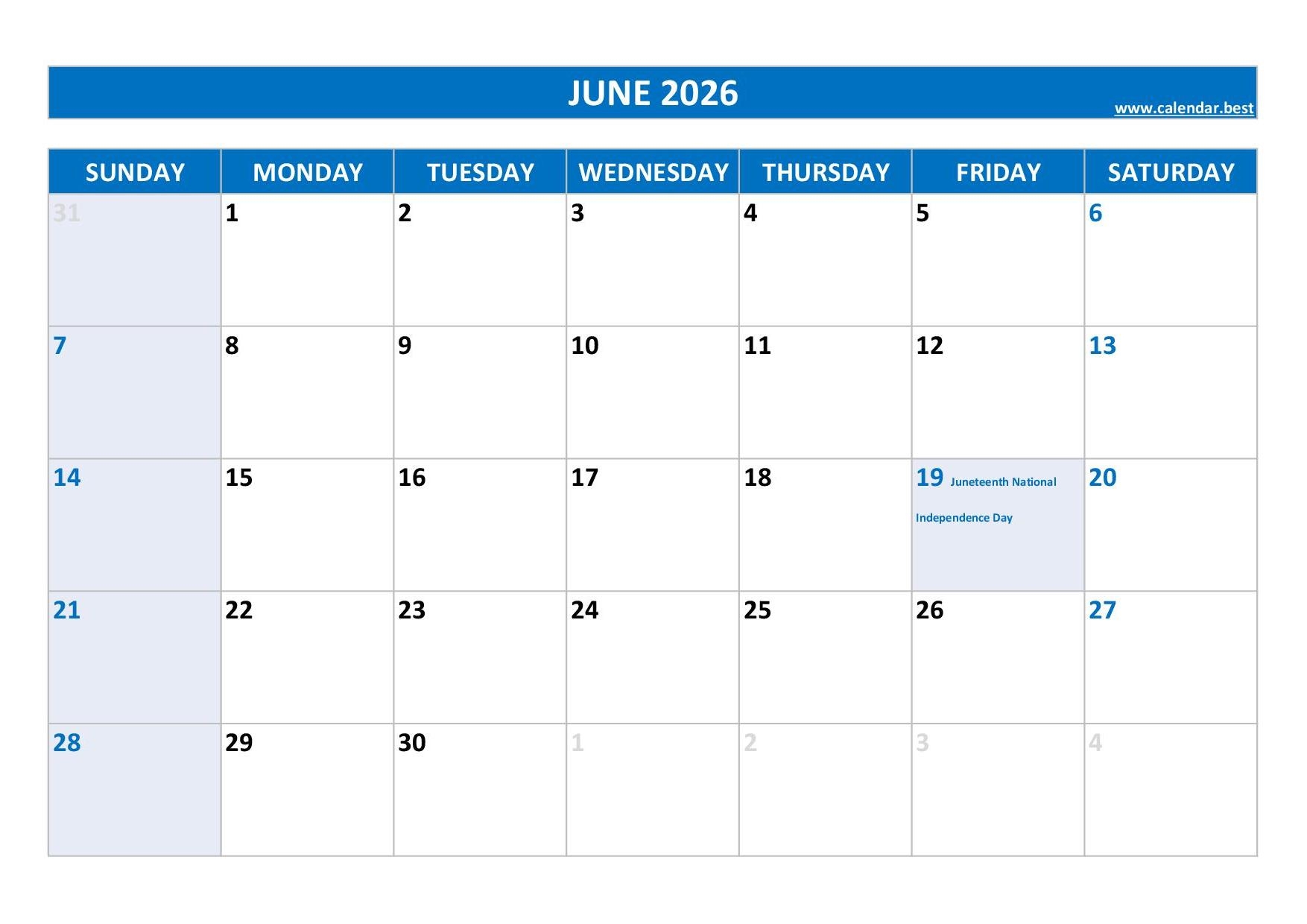 June 2026 Calendar With Holidays Printable