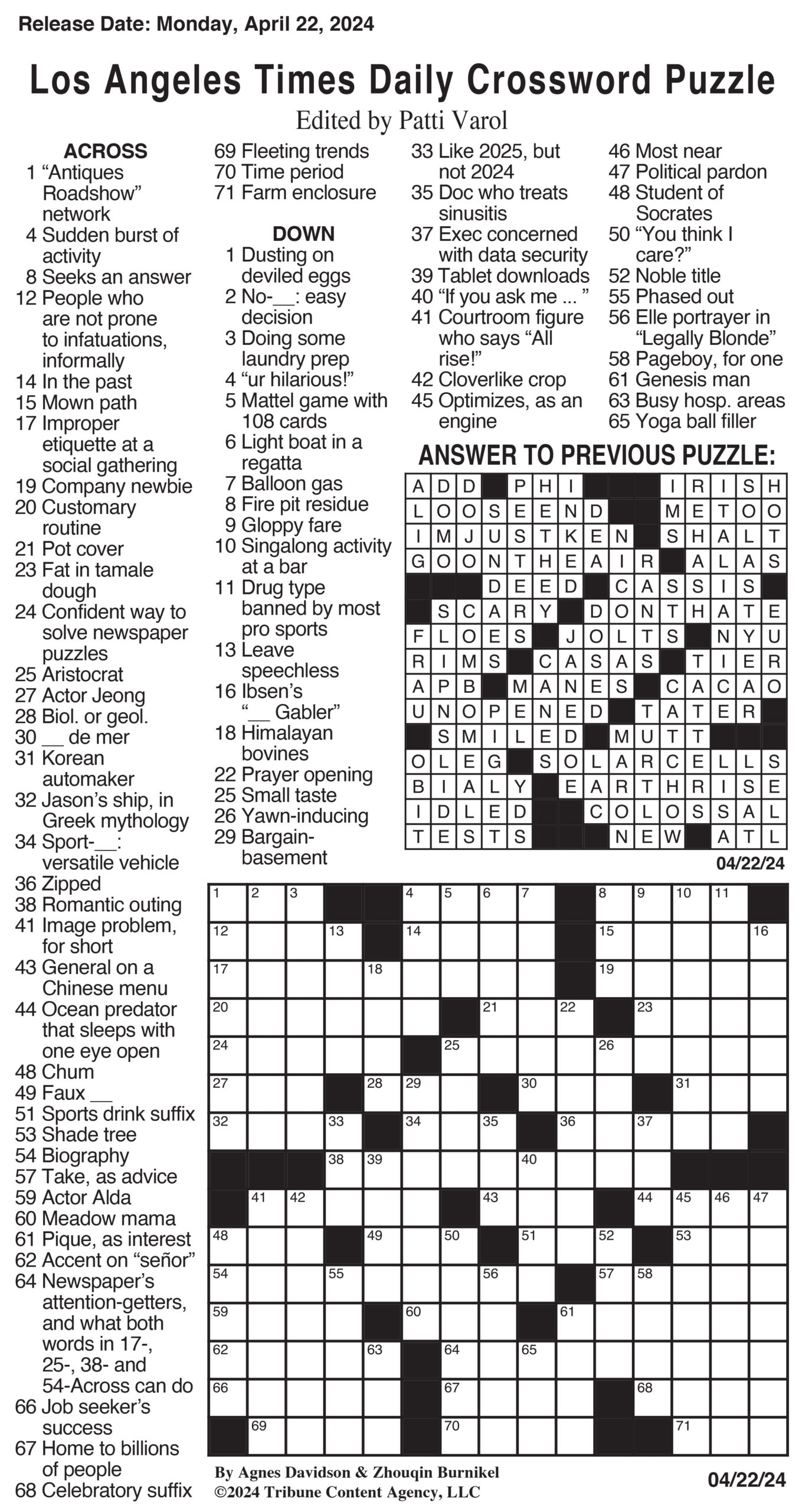 La Times Crossword Puzzles Printable Monday