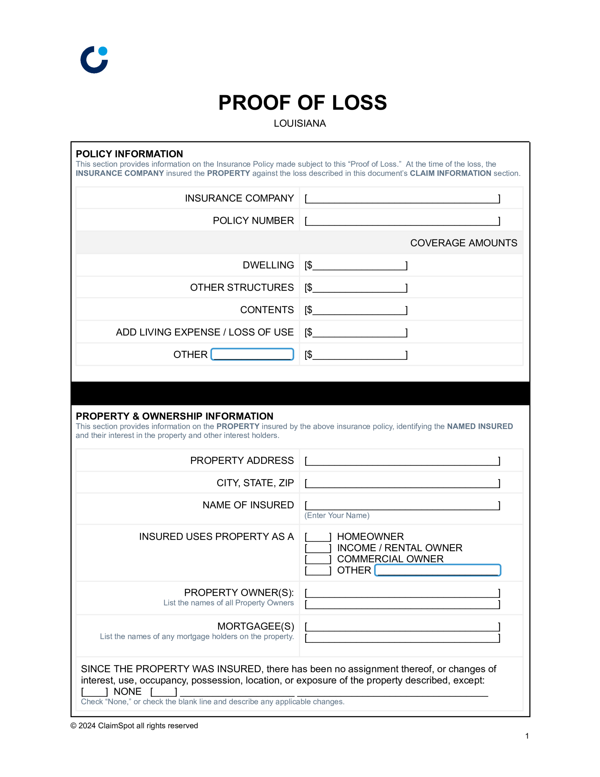 Louisiana Proof Of Loss Form ClaimSpot Free Download