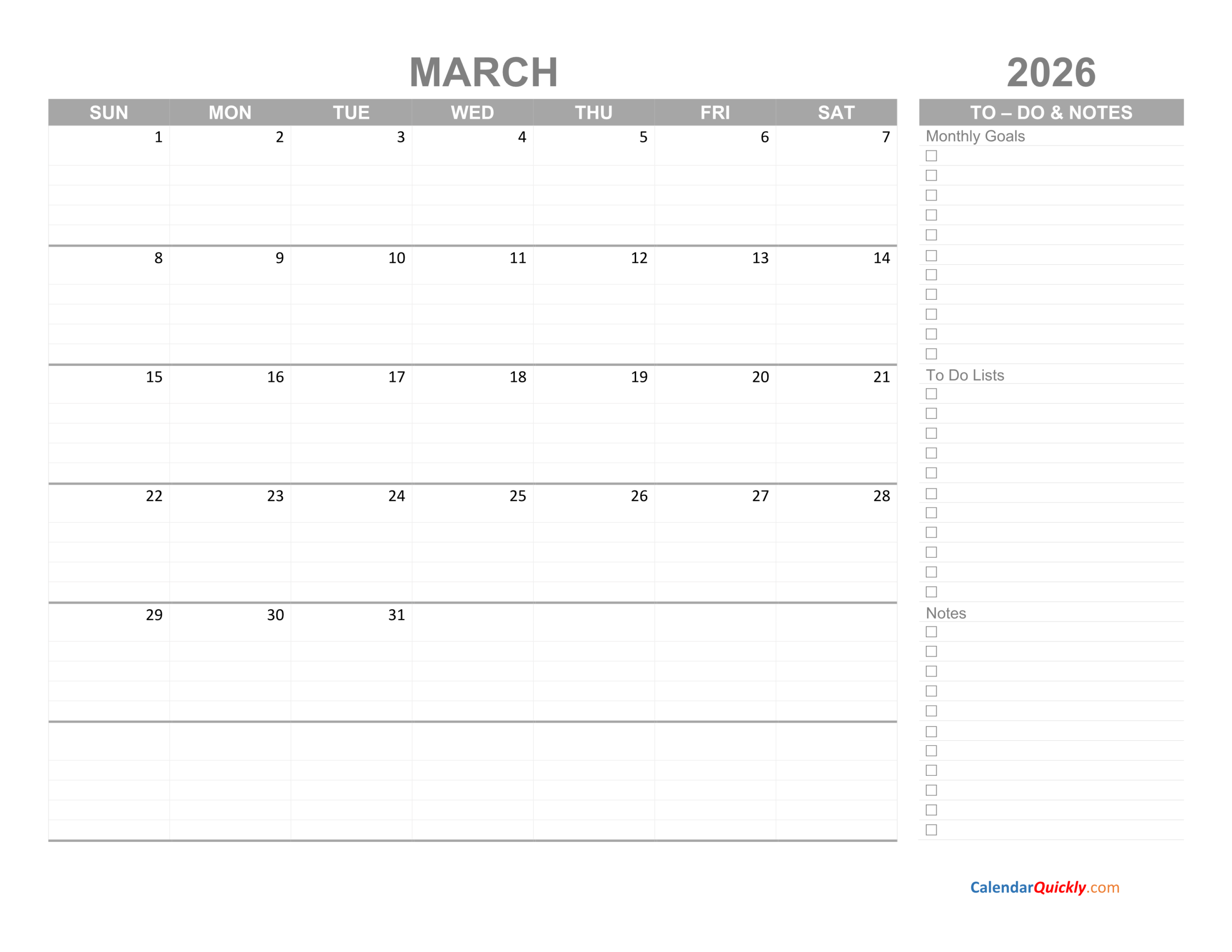 March 2026 Calendar Printable