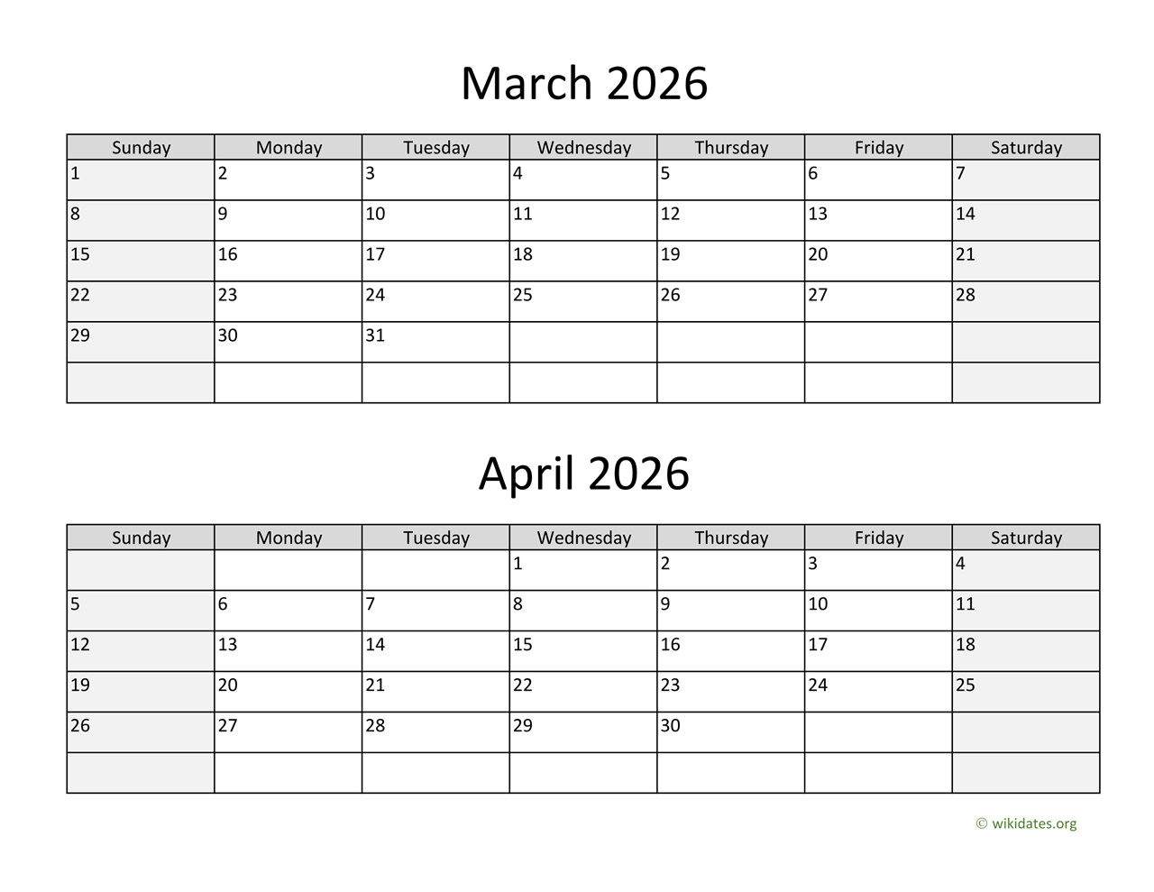 Blank March And April 2026 Calendar