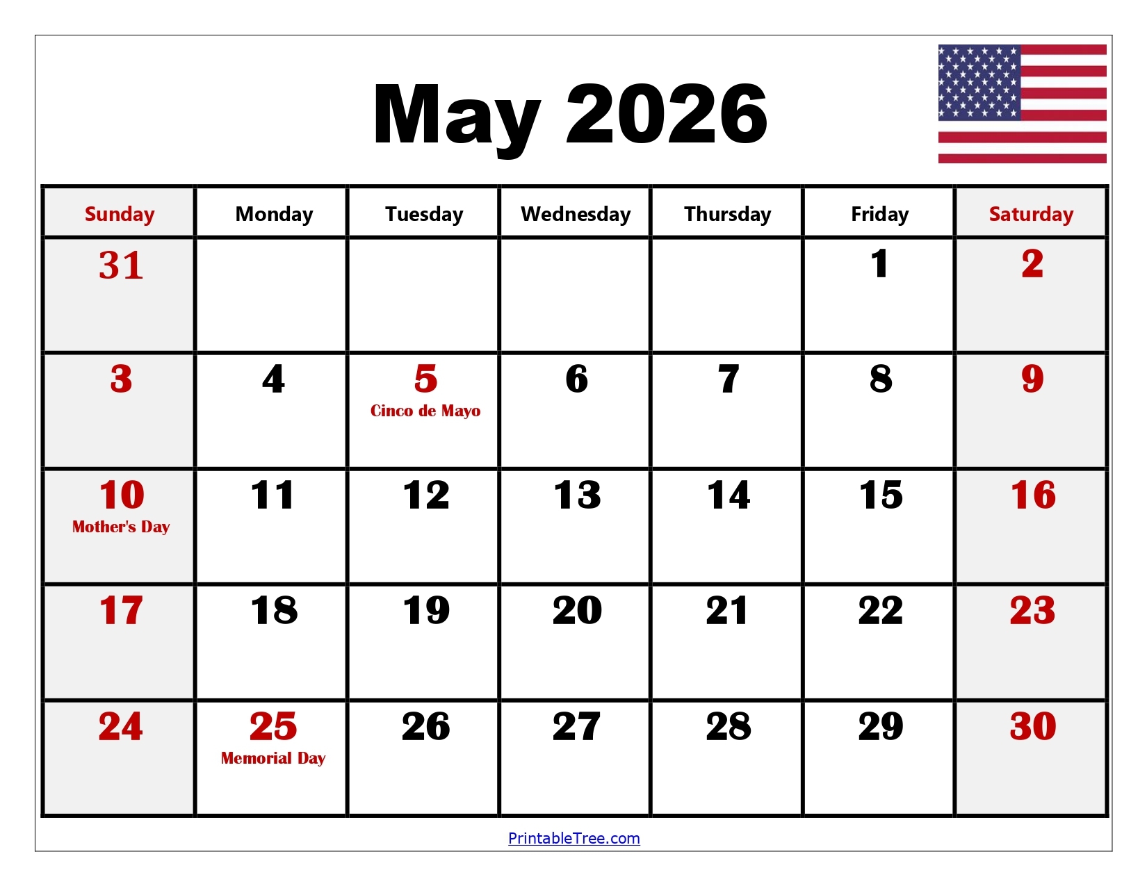 Blank Calendar 2026 Printable May