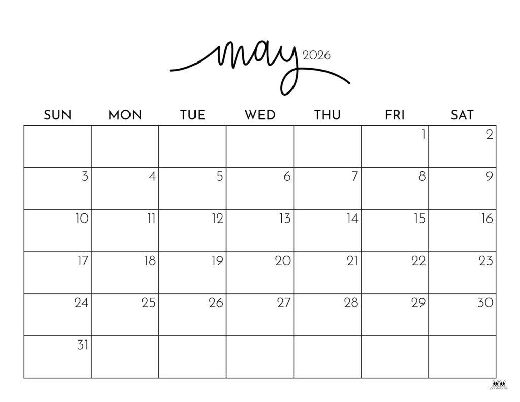 May Calendar Free Printable 2026