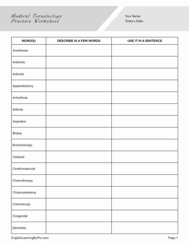 Medical Terminology Practice Worksheet Editable Fillable 