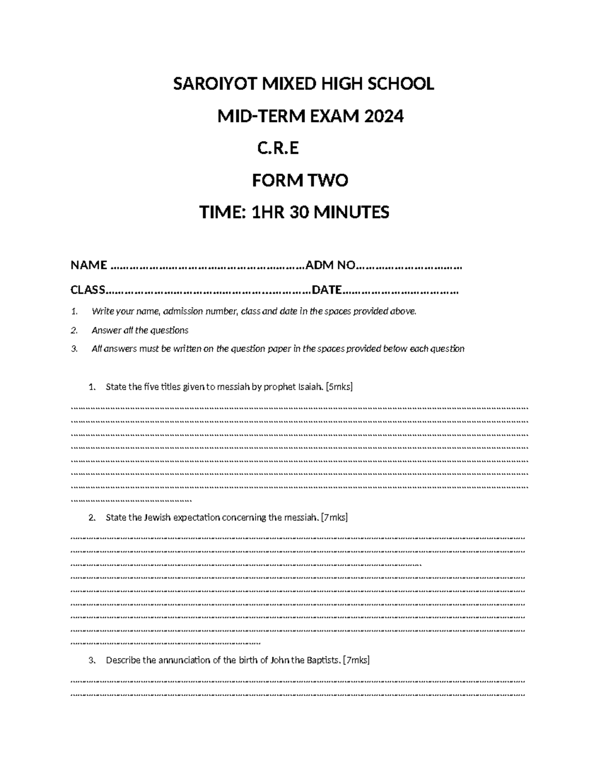 Mid Term Exam 2024 C R Form Two Question Paper Overview Studocu
