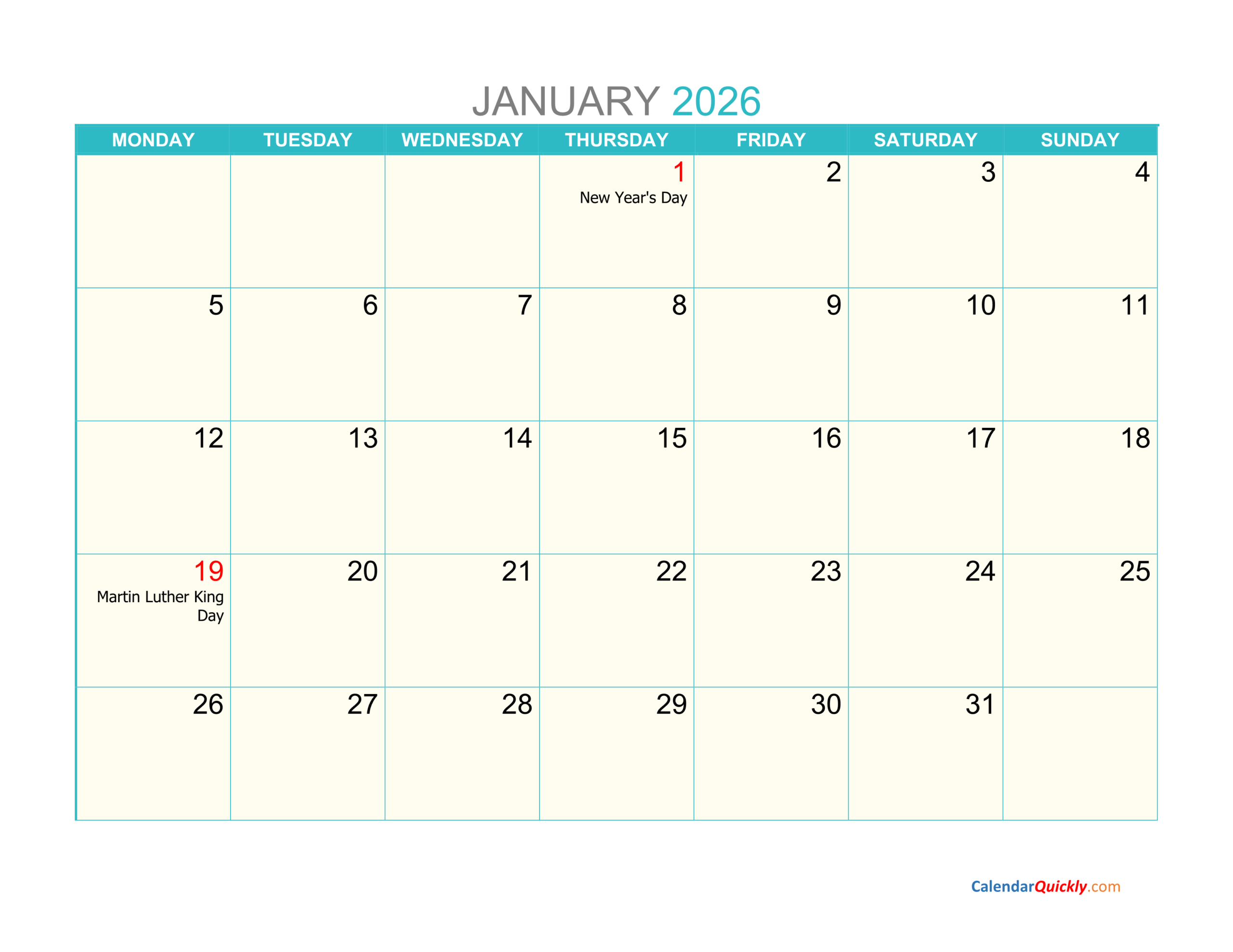 2026 Printable Calendar Monday Start