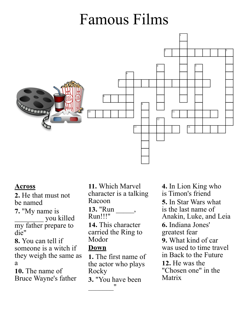 Crossword Puzzles Movies Printable
