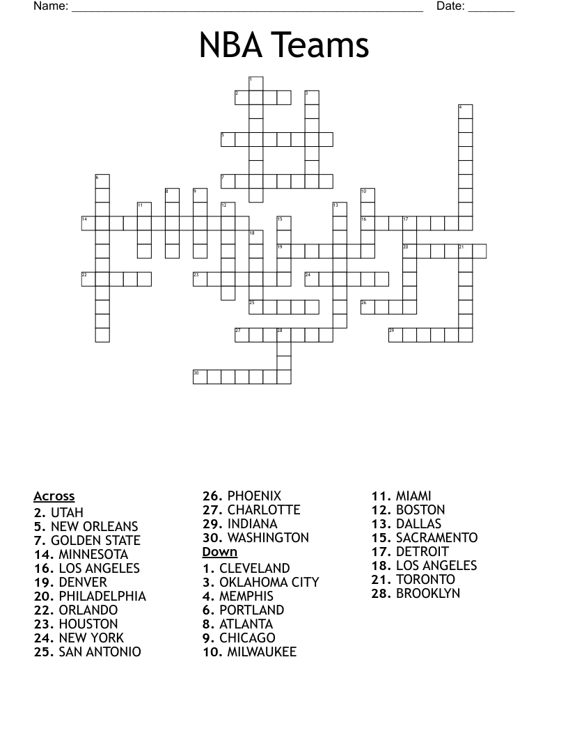 NBA Teams Crossword WordMint
