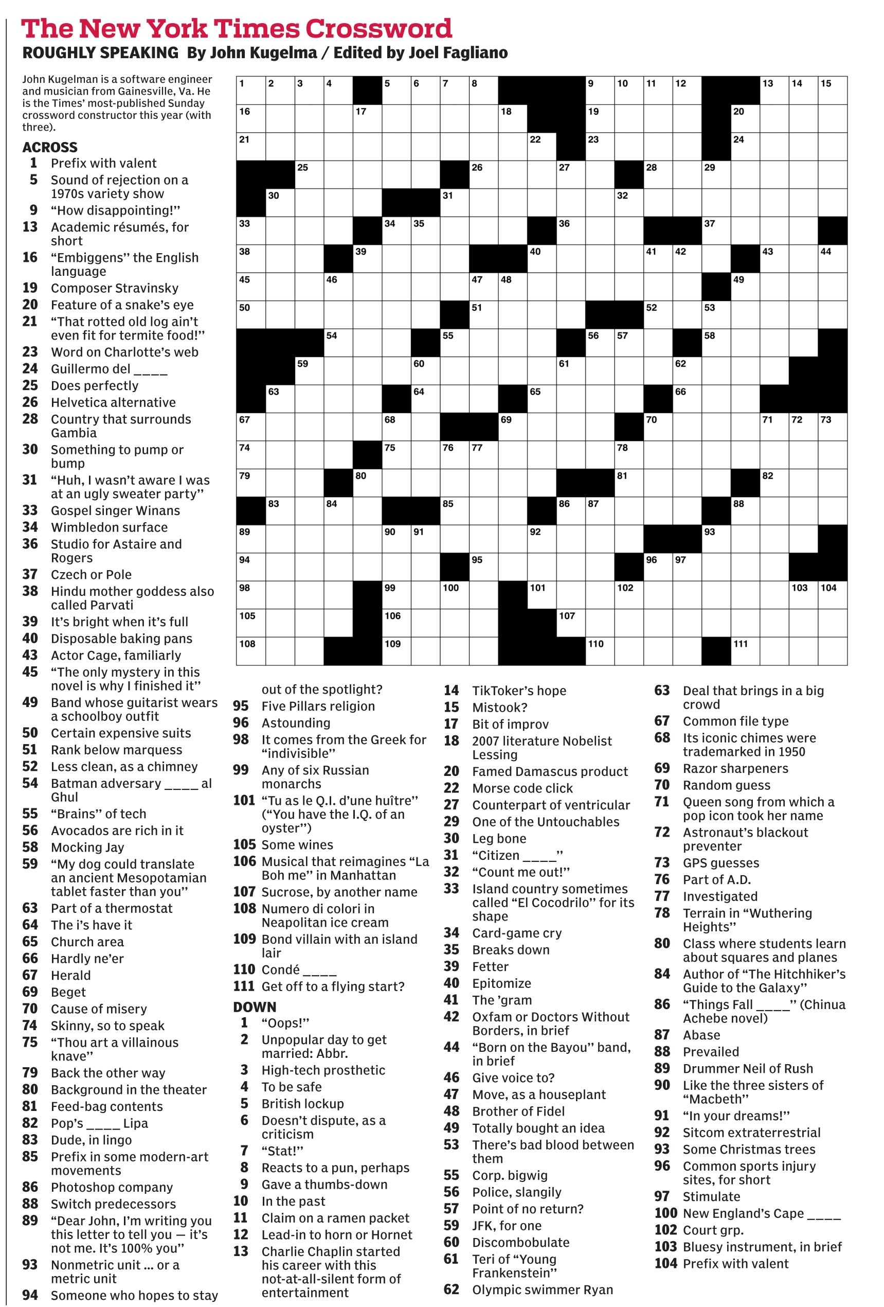 Ny Times Sunday Crossword Puzzle Printable