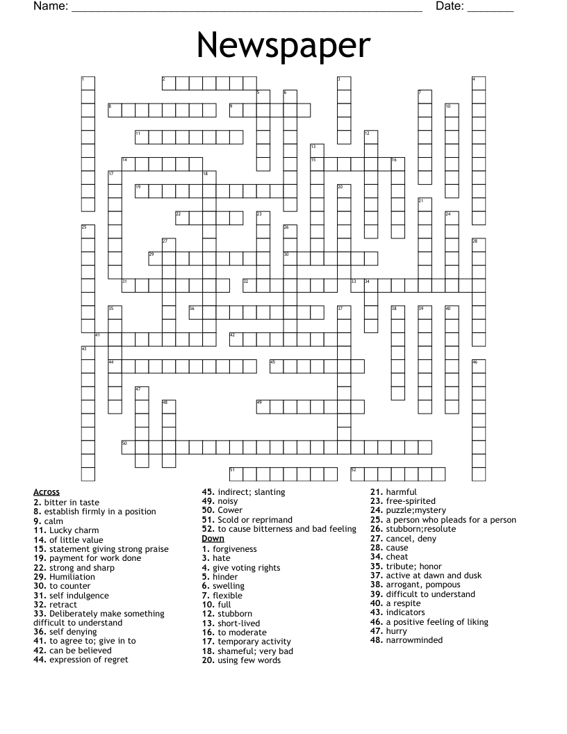Newspaper Printable Crossword Puzzles