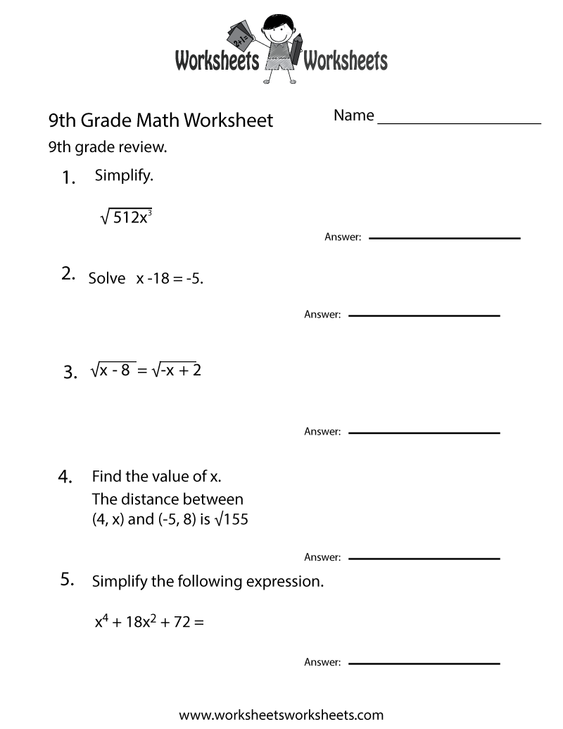 Free Printable 9th Grade Math Worksheets