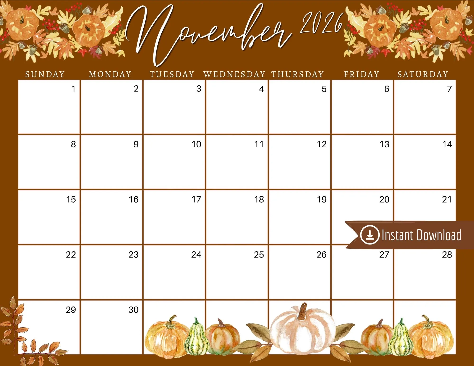 Free Printable November 2026 Calendar Thanksgiving