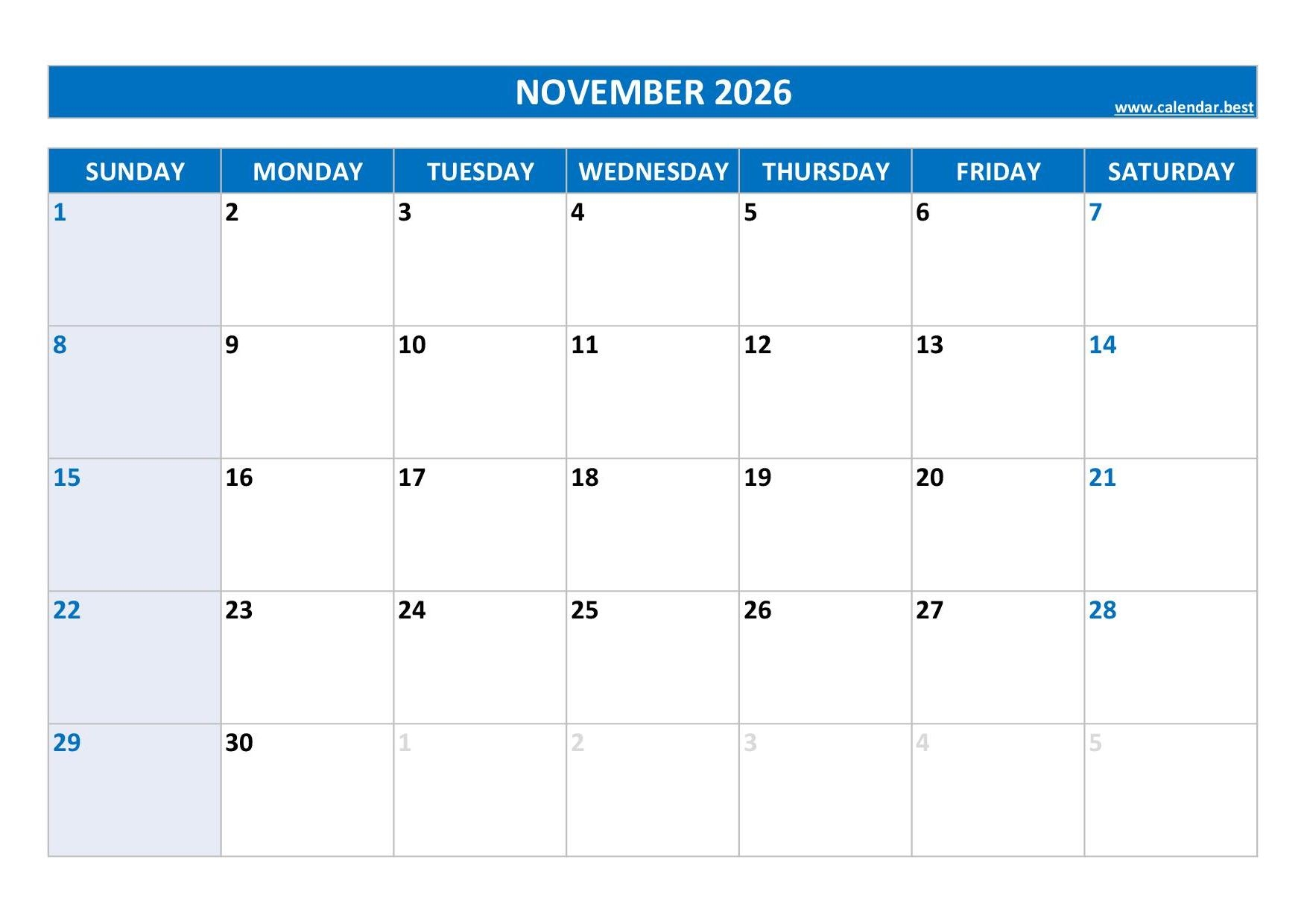 November 2026 Calendar Blank Printable