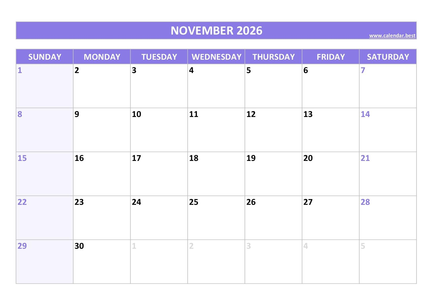 Printable Editable November 2026 Calendar