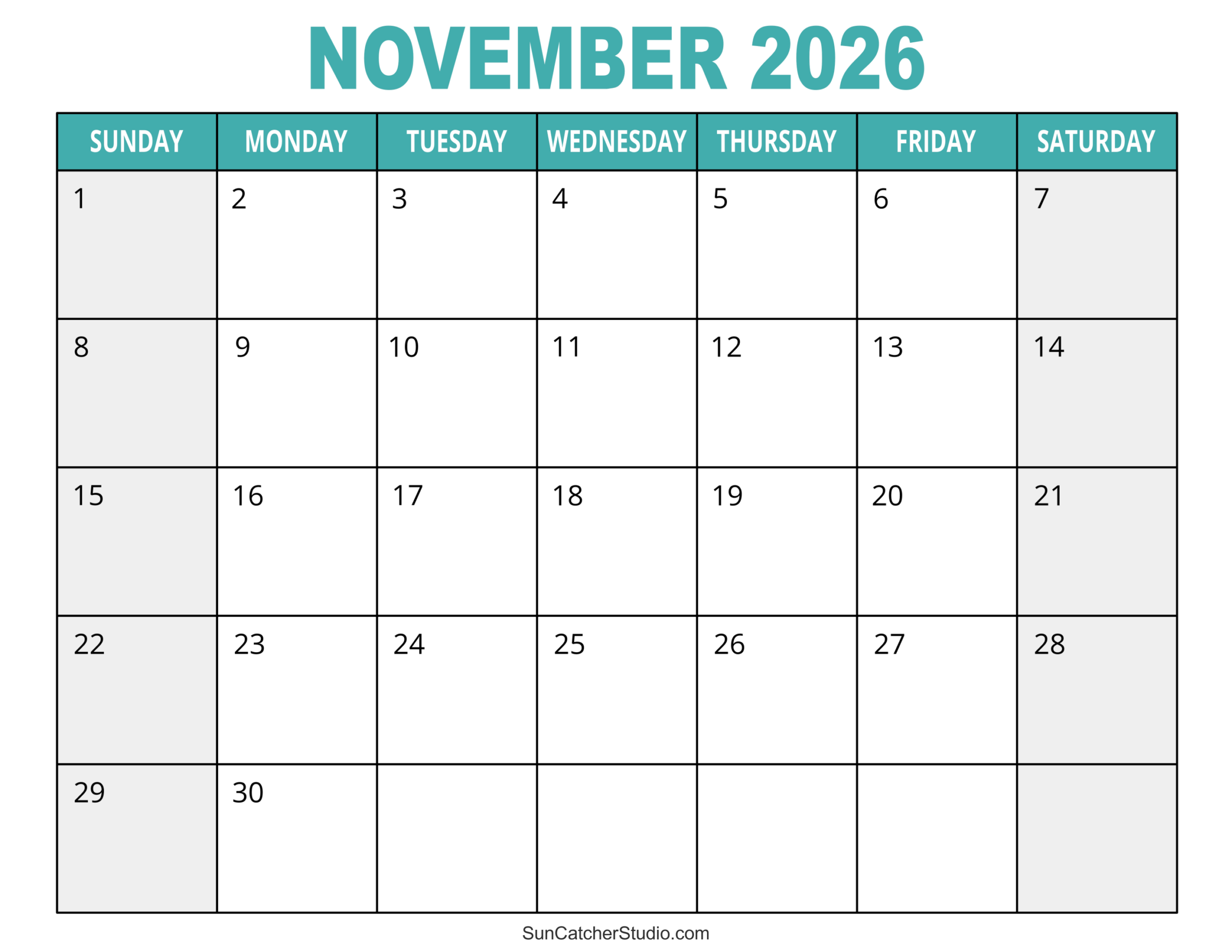 November 2026 Landscape Calendar Printable