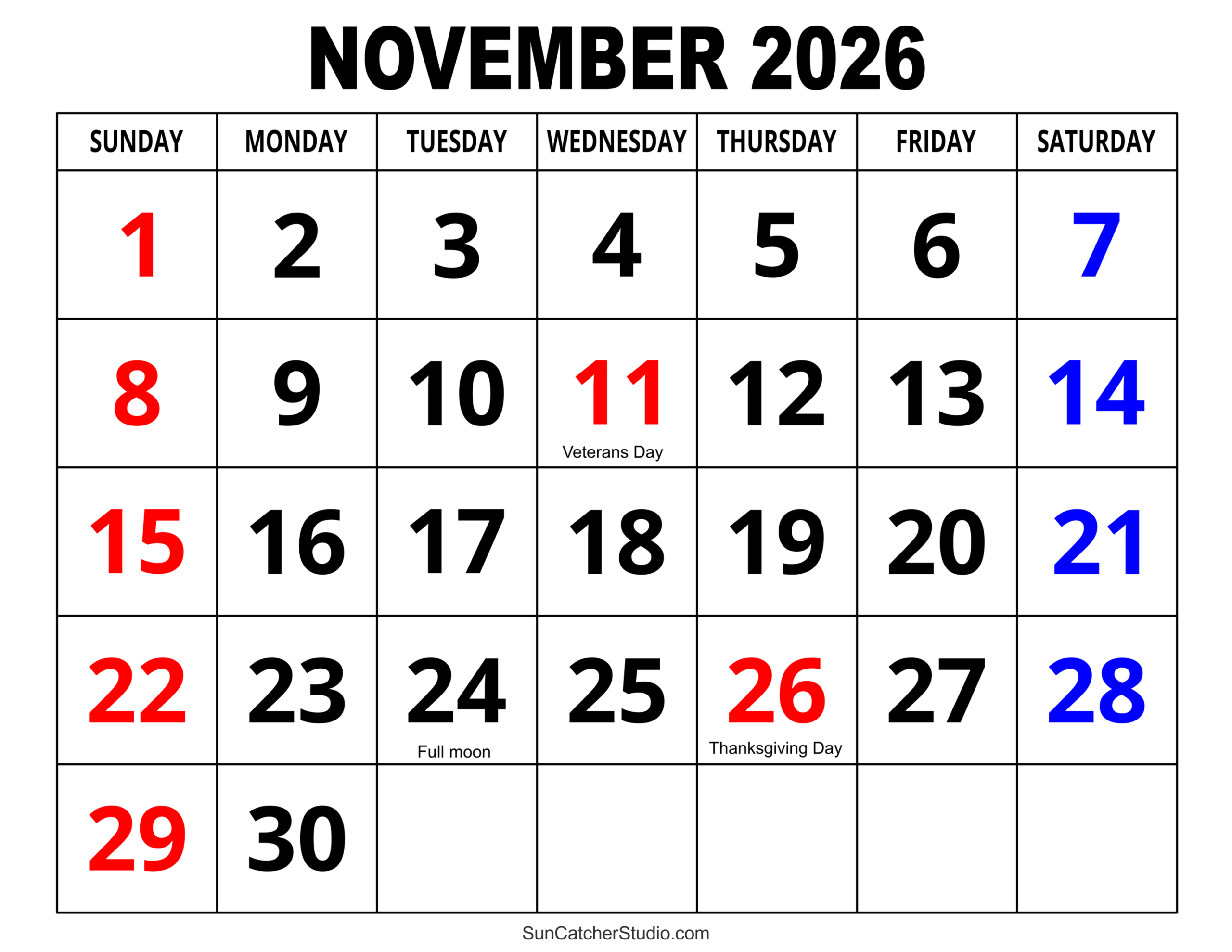 Printable November 2026 Calendar
