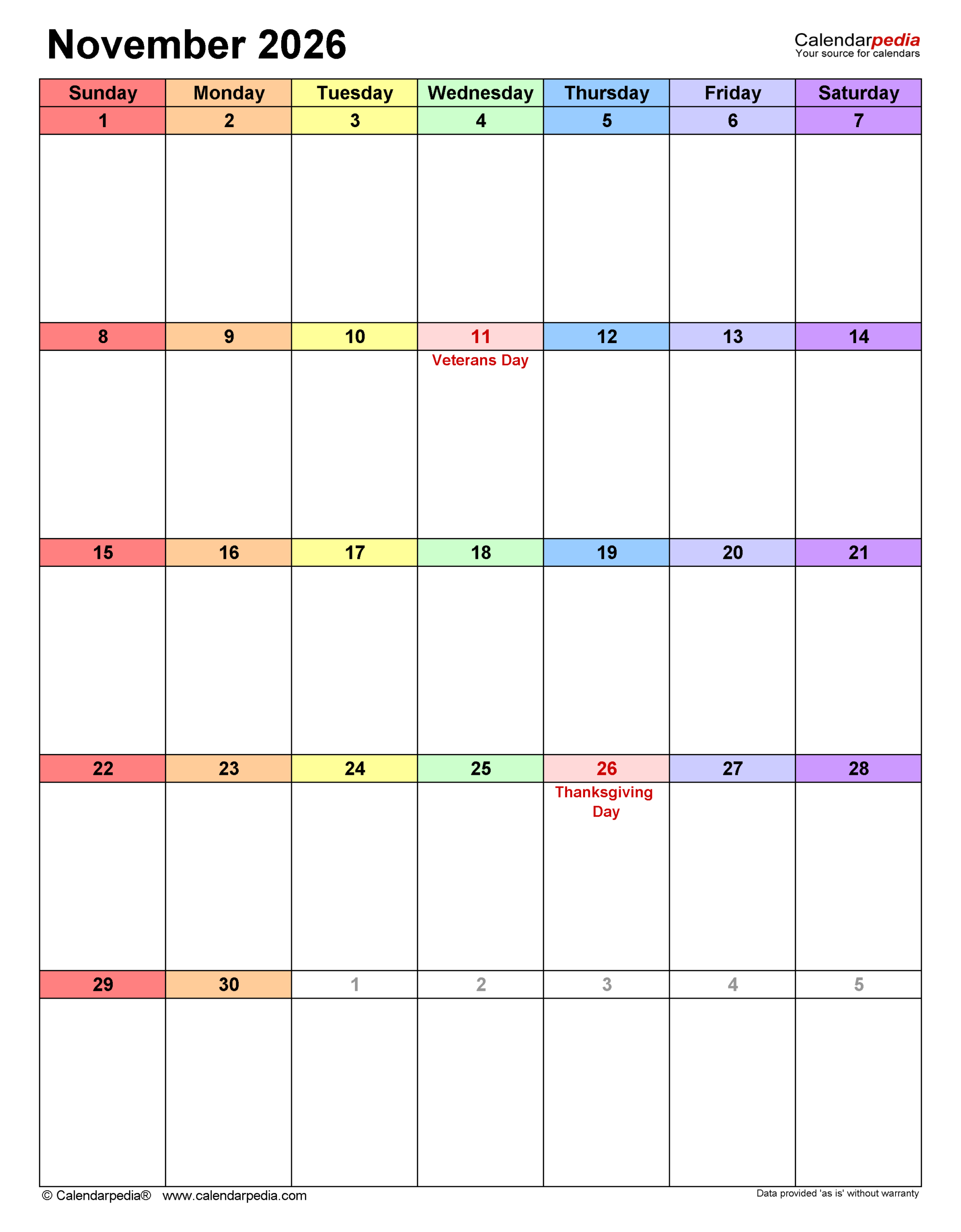 Printable Portrait November Calendar 2026