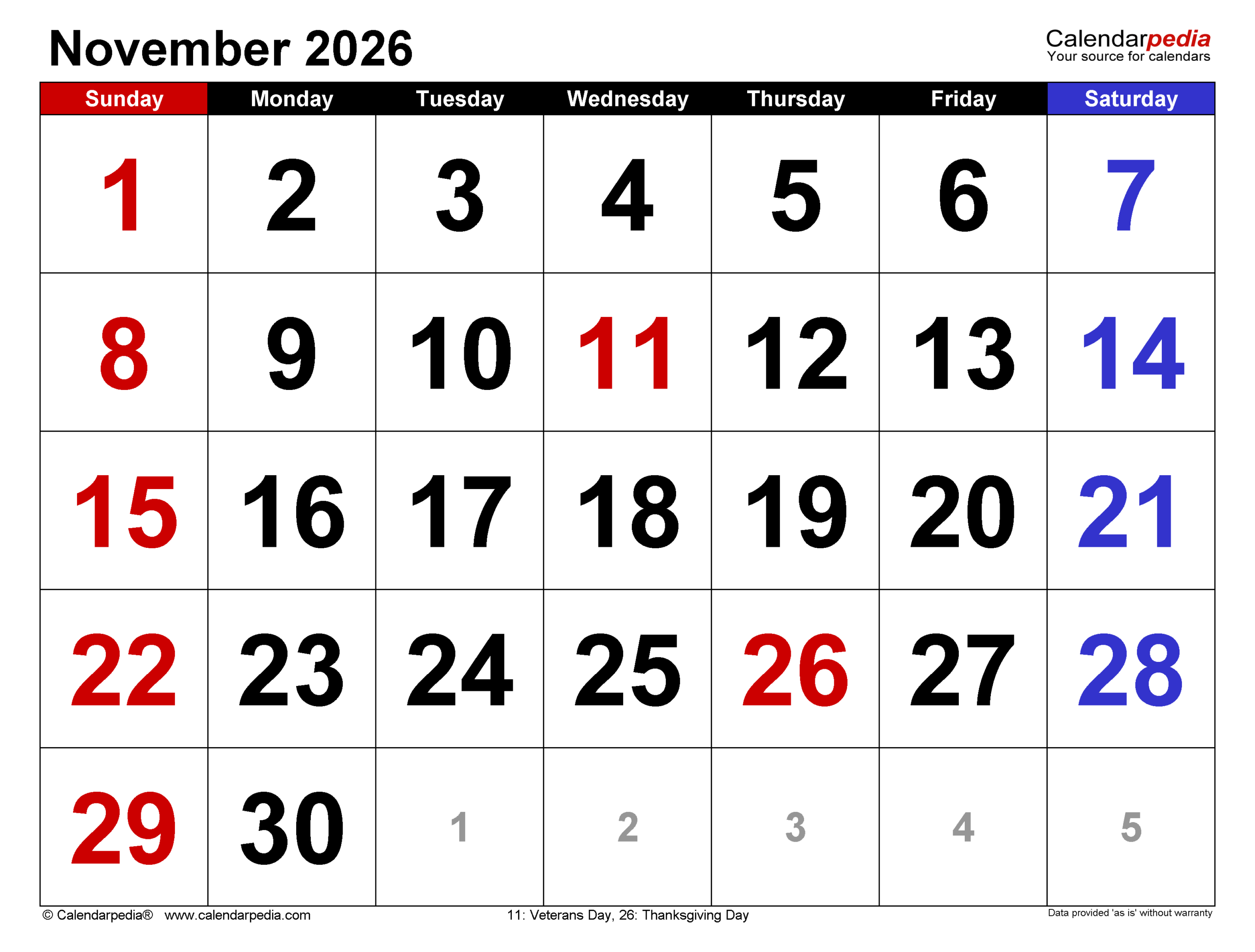 Month Calendar 2026 Printable November