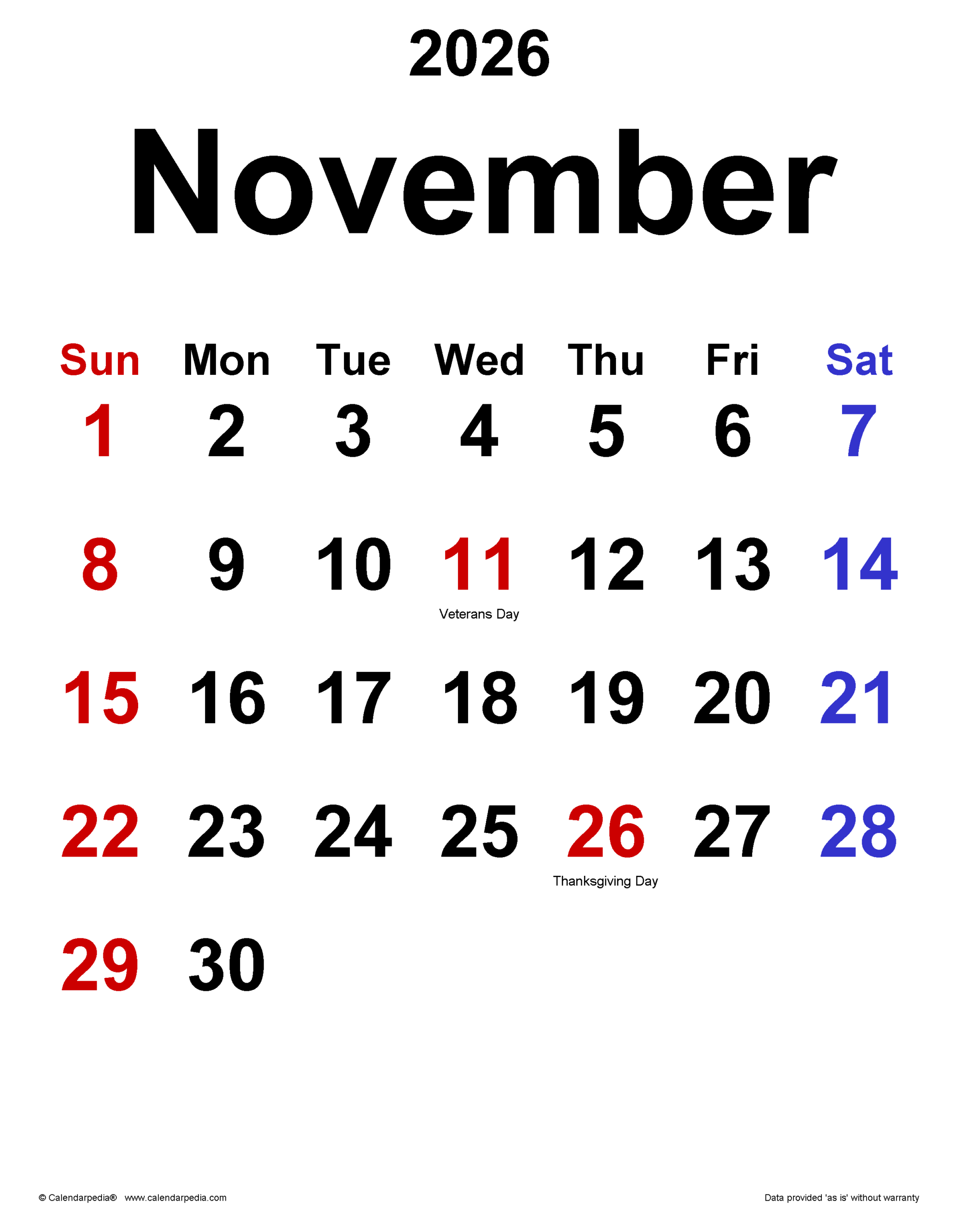 Printable Turkey Calendar Numbers November 2026
