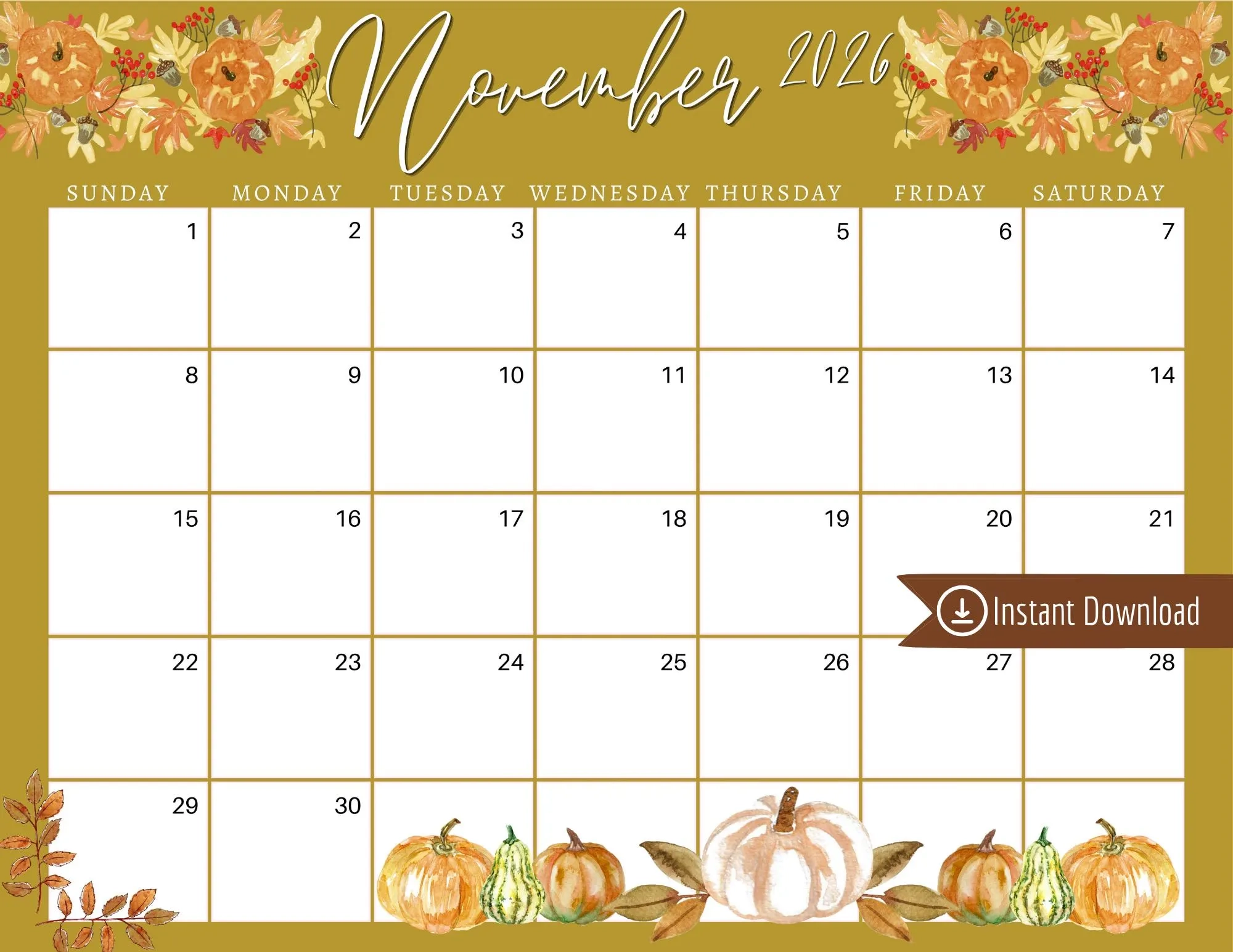 November 2026 Calendar Yellow Leaves Printable Planner PDF PNG 