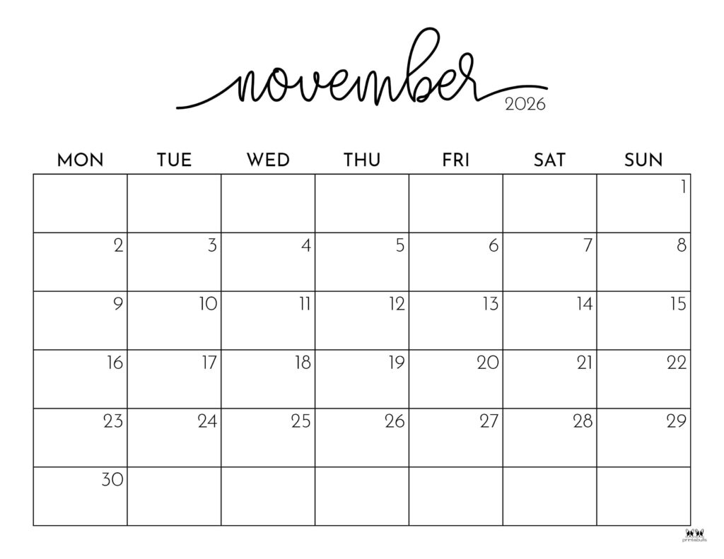 November Calendar 2026 Printable With Turkeys